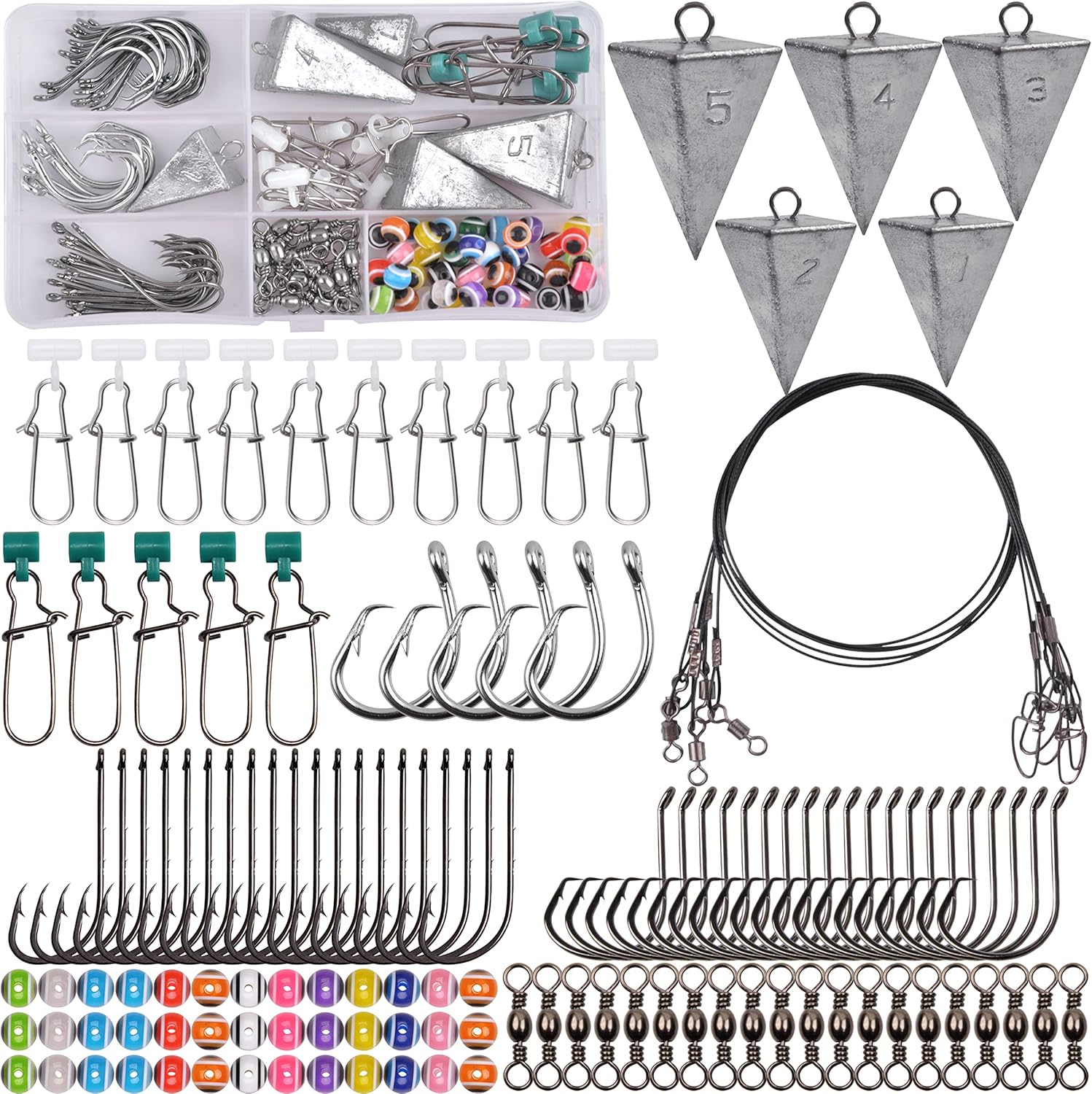 Surf Fishing Tackle Kit, 130pcs Saltwater Surf Fishing Rigs Fish Finder Rig Live Bait Rigs Include Fishing Leaders Pyramid Sinker Weight Sinker Slider Fishing Hooks Swivels customer photo 1