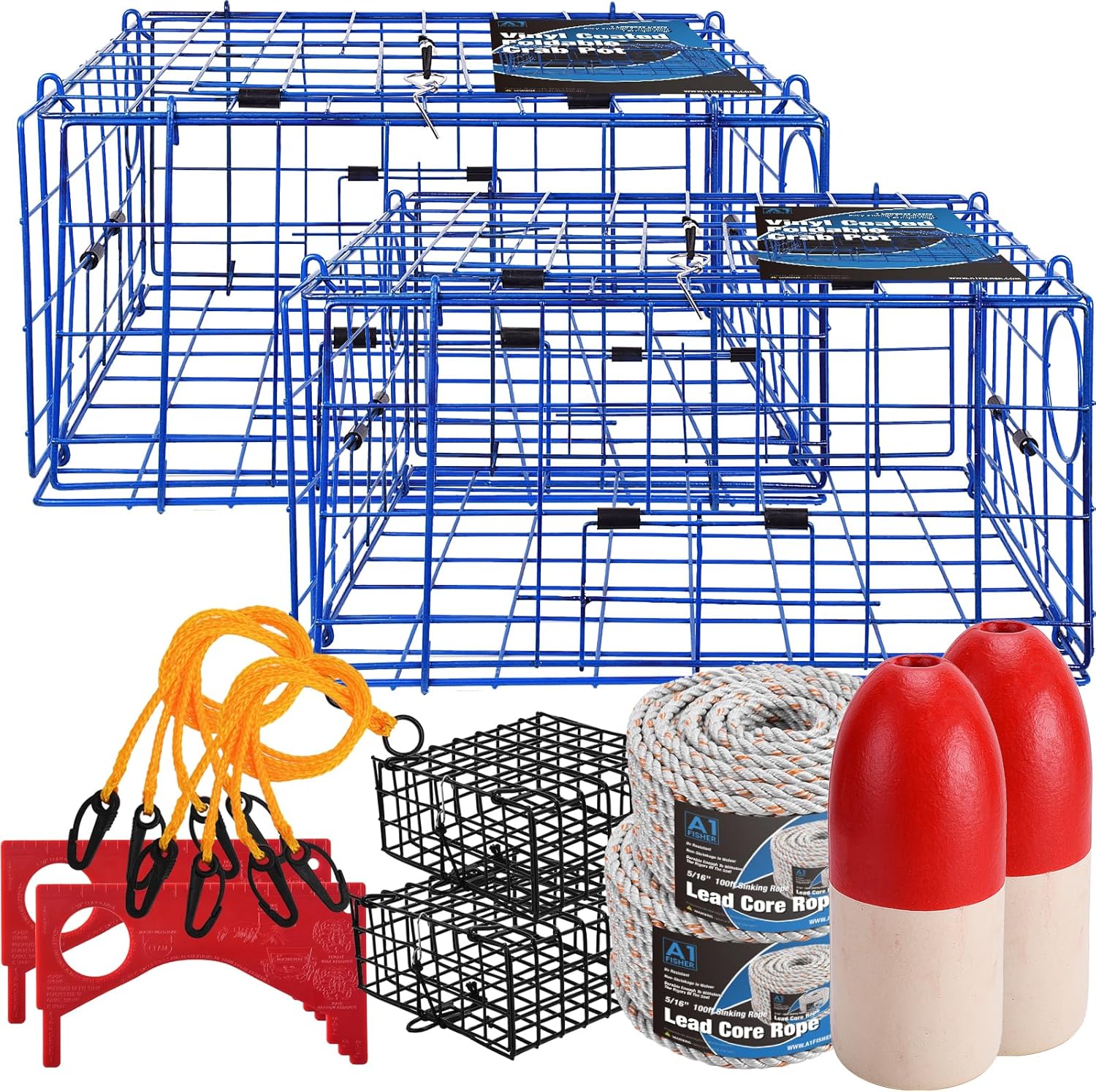 2 Packs Pacific Folding Crab Trap 24''x24''x12'' Kit, with Crab Bait Cage, Gauge Measure, Trap Harness, 5/16