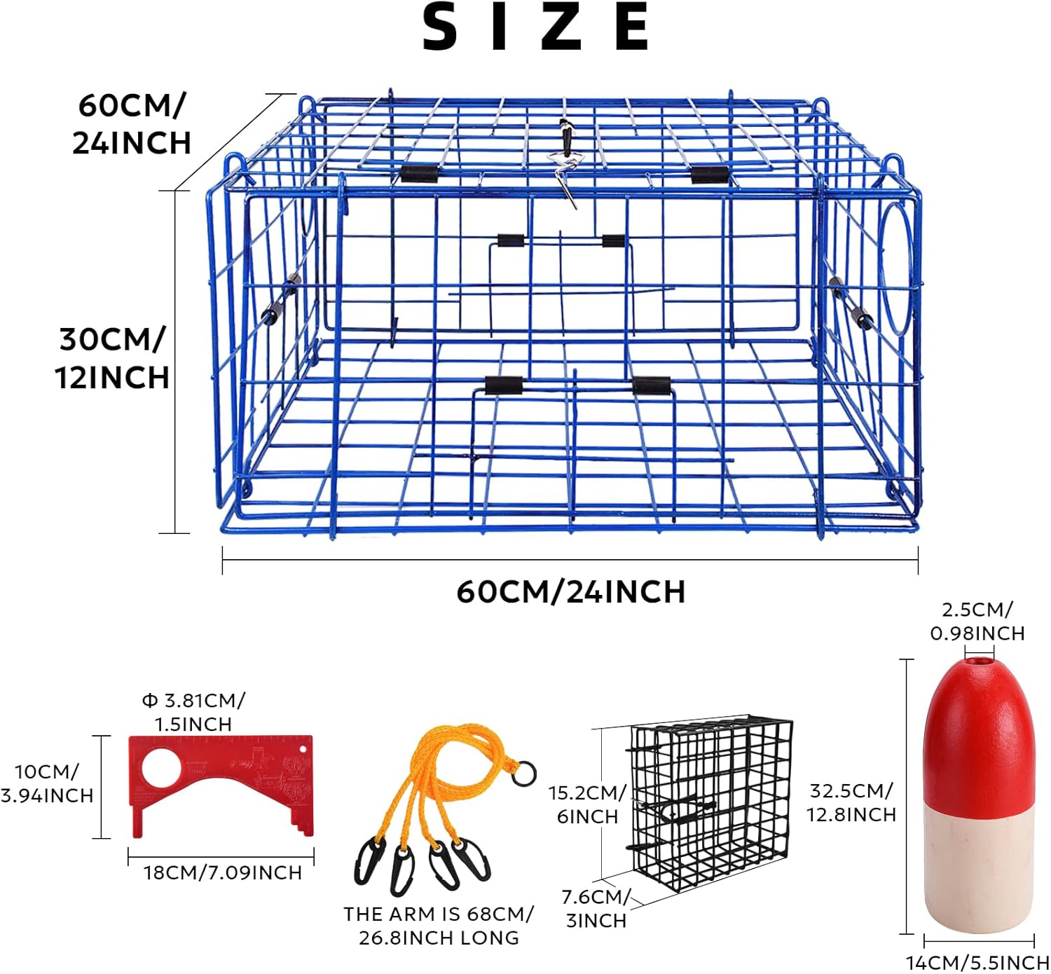 2 Packs Pacific Folding Crab Trap 24''x24''x12'' Kit, with Crab Bait Cage, Gauge Measure, Trap Harness, 5/16