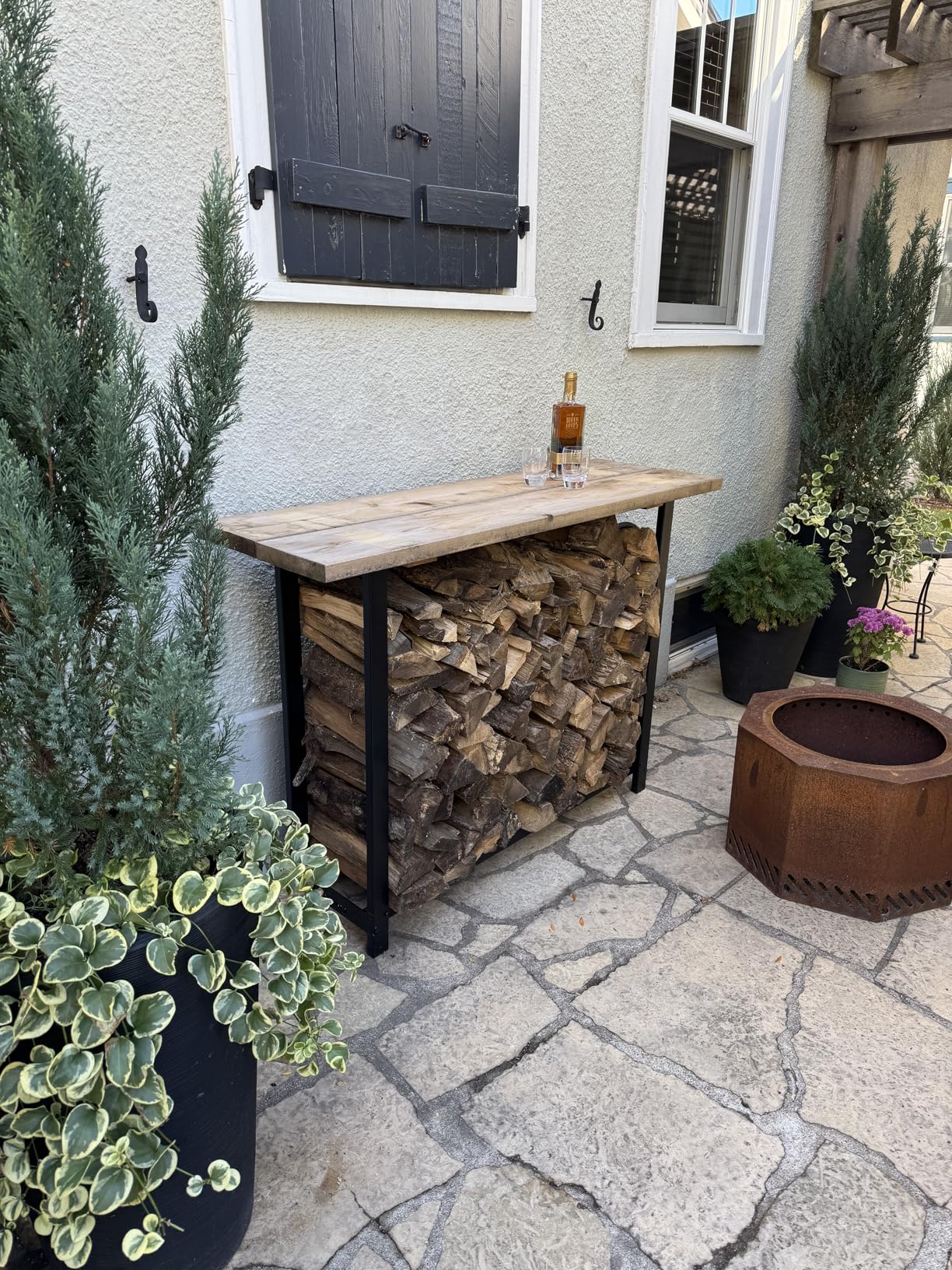 Woodhaven Black 4 Foot - Heavy Duty Made In USA - Indoor Outdoor - 1/4 Cord Firewood Storage Log Rack With Seasoning Cover Combo Set - Metal Log Storage - 48