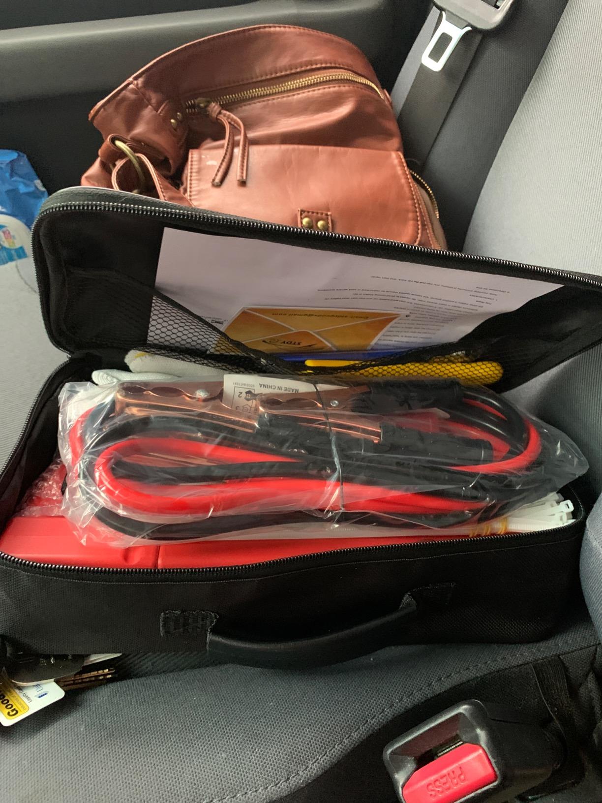 STDY Car Roadside Emergency Kit, Vehicle Truck Safety Road Side Assistance Kits Auto Accessory, with Jumper Cables, Tow Rope, Reflective Triangle, Tire Pressure Gauge customer photo 2