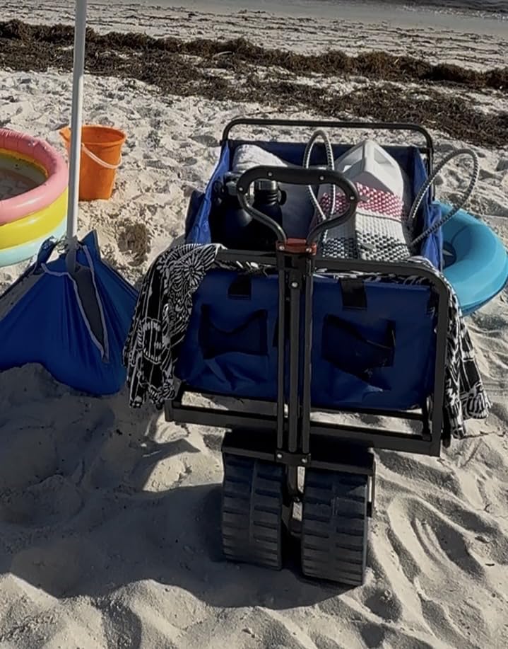MacSports All Terrain Beach Wagon with Side Table | Heavy Duty Collapsible Folding Cart with Large Wheels for Beach Day, Picnic, Camping, Outdoor Activities | Blue/White customer photo 1