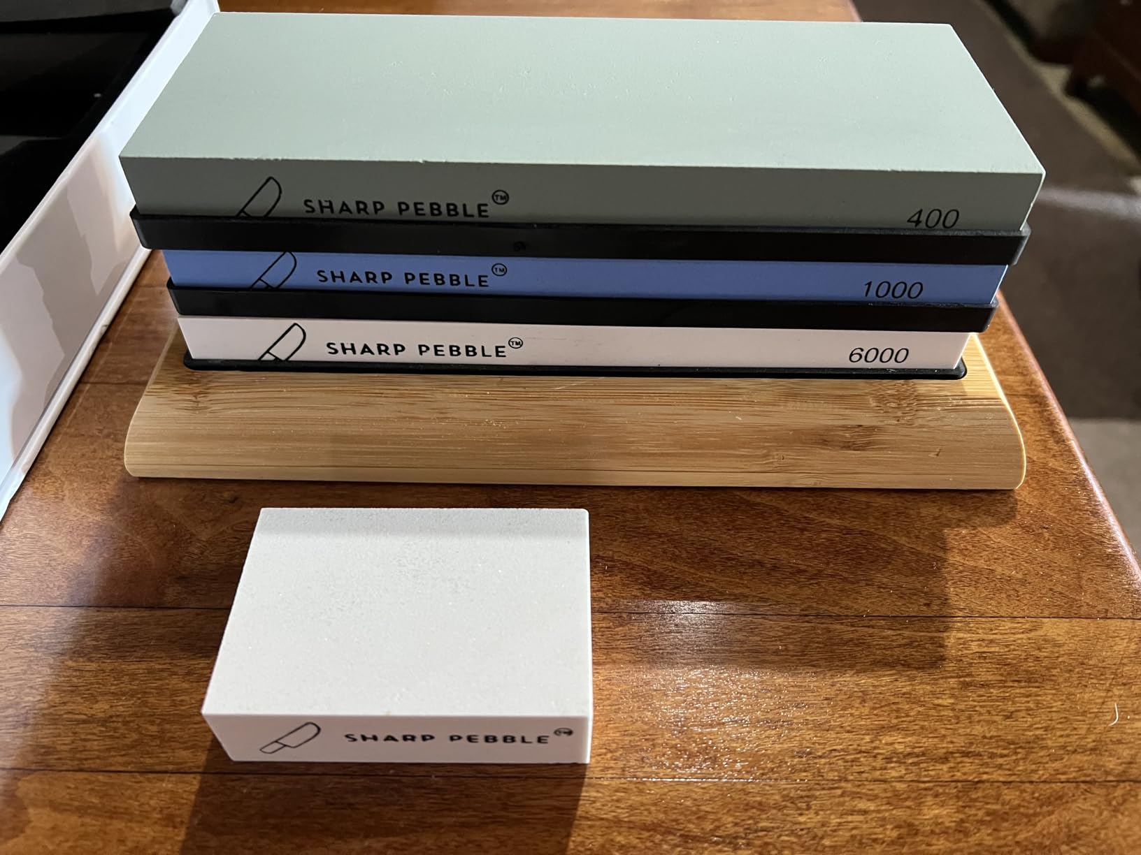 Sharp Pebble Knife Sharpening Stones Kit - Grits 400/1000/6000 | Extra Large Whetstone- Wet Stone Knives Sharpener Set with NonSlip Bamboo Base & Flattening Stone- No Honing Oils Needed customer photo 1