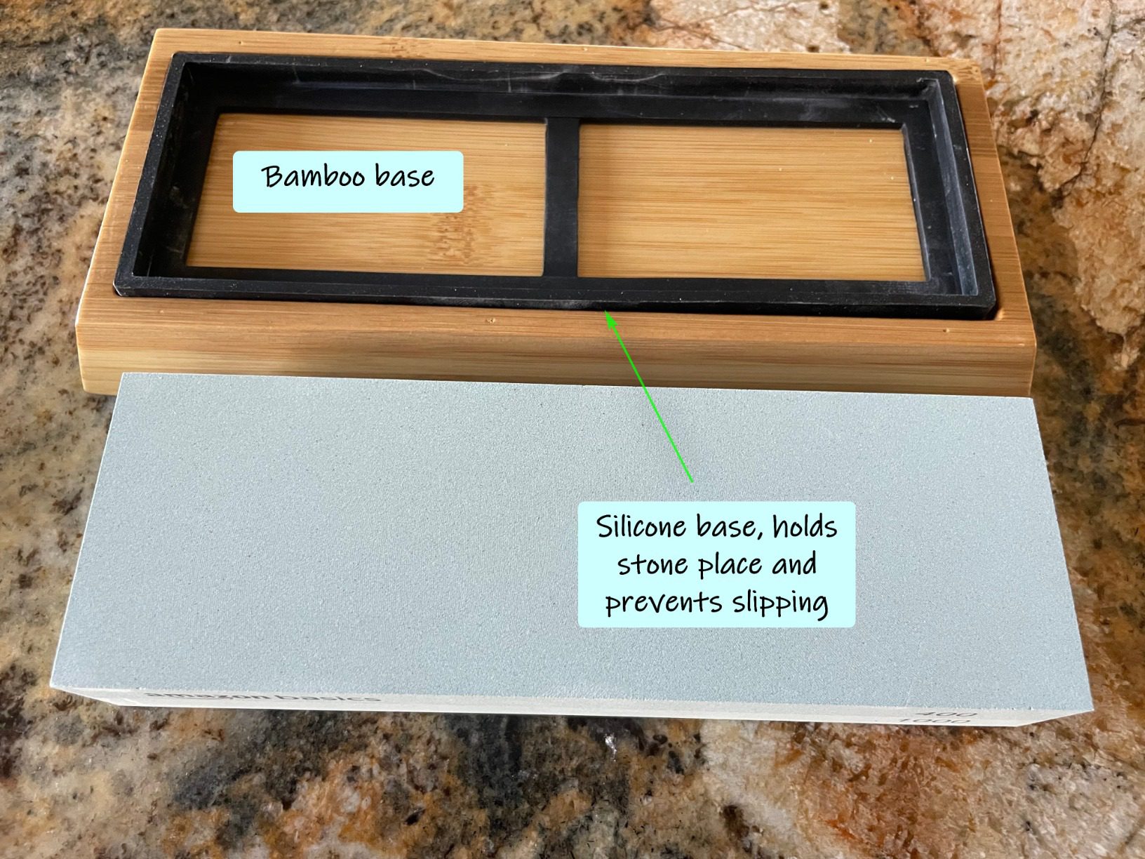 Amazon Basics Whetstone Knife Sharpening Stone Set, Double-sided 400/1000 and 3000/8000 Grit Stones, Flattening Stone with Angle Guide, Non-Slip Bamboo Base, 3 Count, Black & Grey customer photo 2