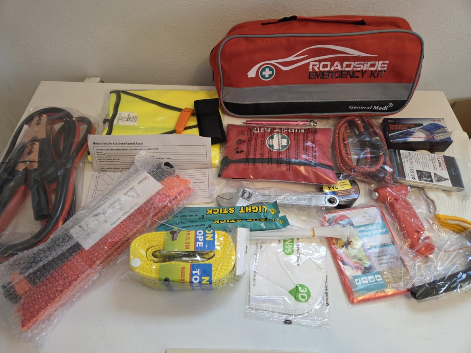 General Medi 127-Pieces Roadside Car Emergency Kit Include Mini First Aid Kit, Jumper Cables, Tow Rope, Bandage, Safety Vest, Emergency Triangle, All in One Pack customer photo 1