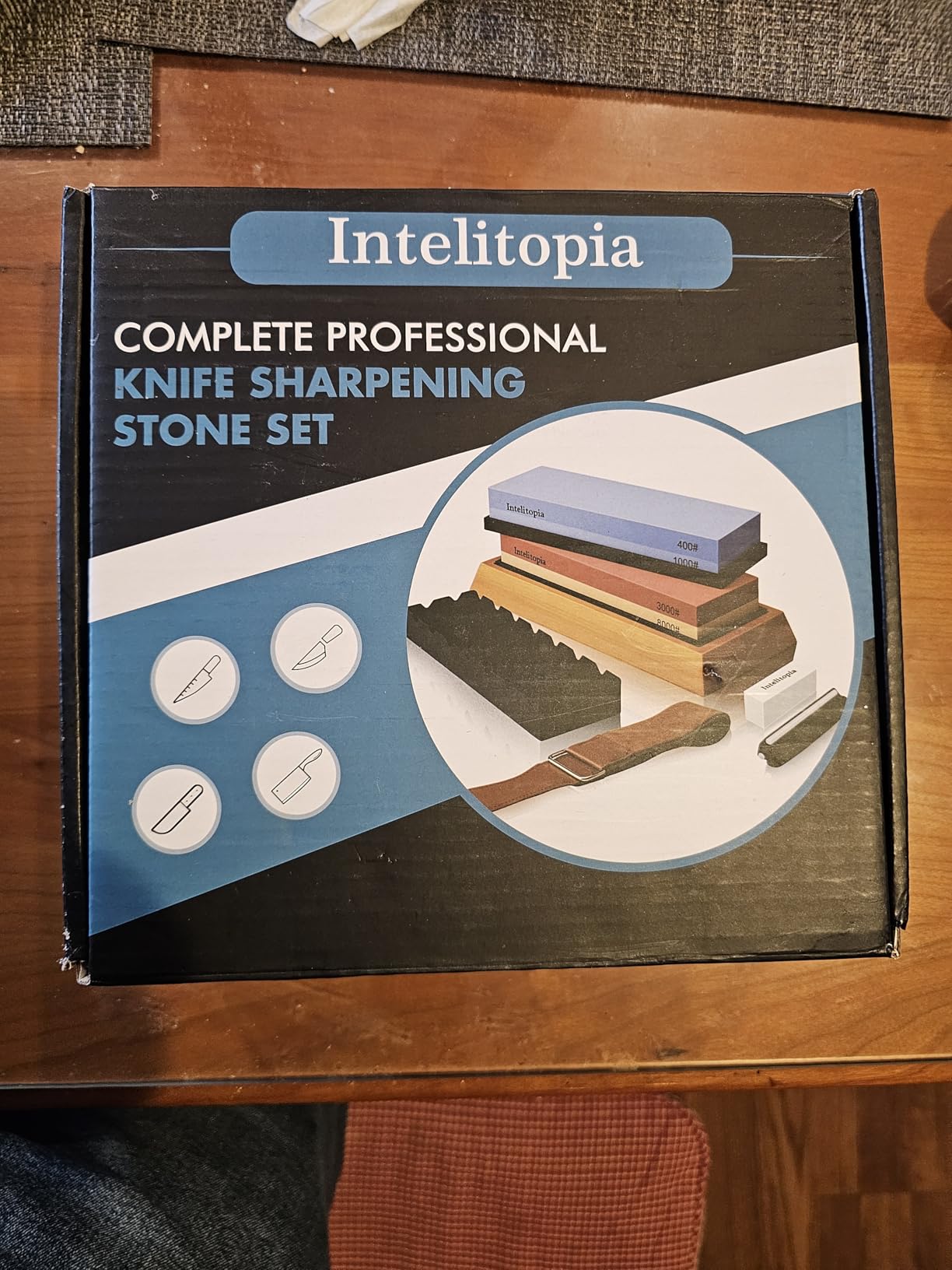 Intelitopia Complete Knife Sharpening Stone Set - Dual Grit Whetstone 400/1000 3000/8000 Knife Sharpener with Leather Strop, Flattening Stone, Bamboo Base, 3 Non-slip Rubber Bases & Angle Guide customer photo 1