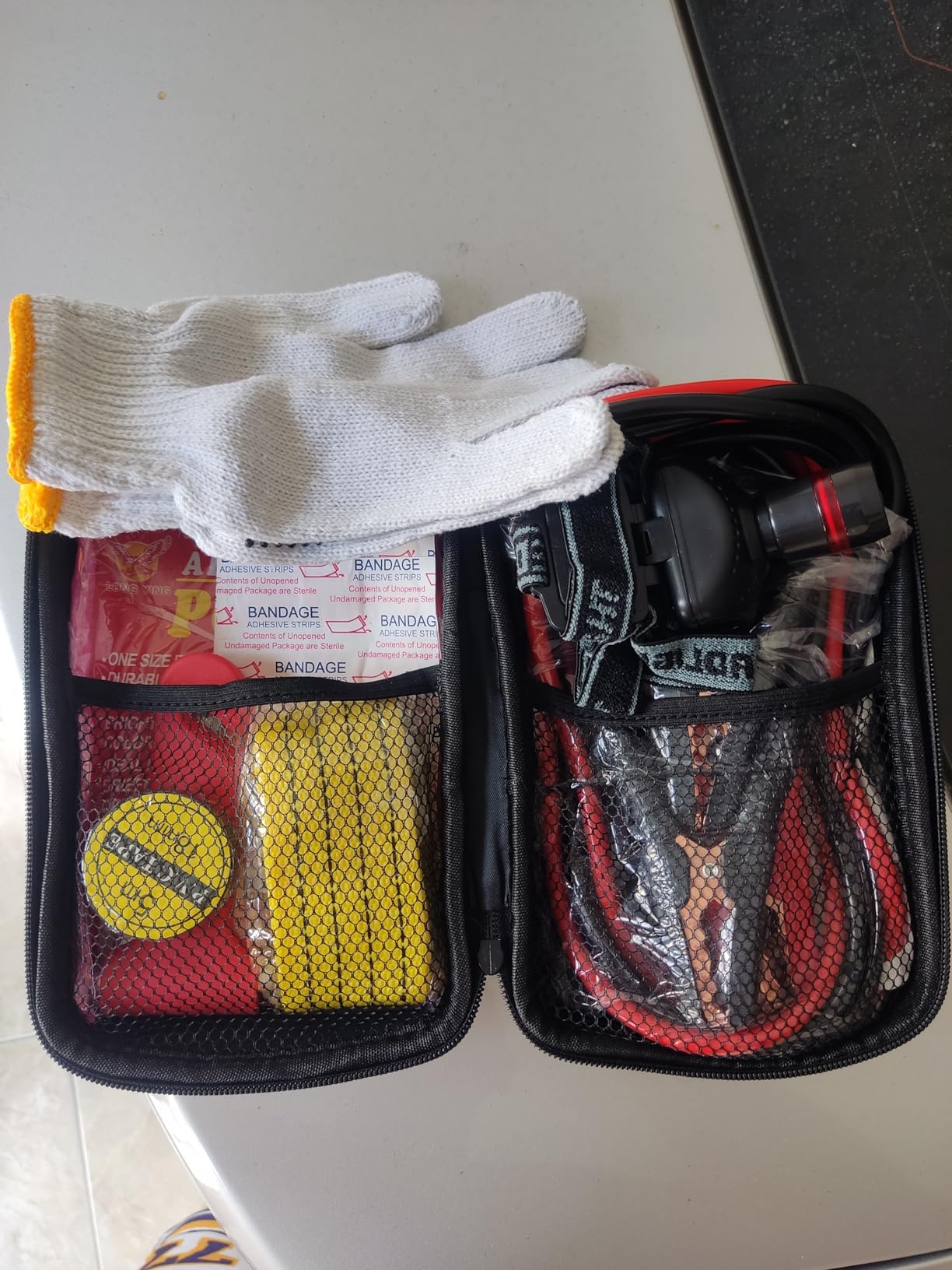LIANXIN Car Roadside Emergency Kit, with Jumper Cables Car Safety Kits, Emergency Car Kit Tow Straps Headlamp Jumping Cables Safety Hammers Gloves customer photo 2
