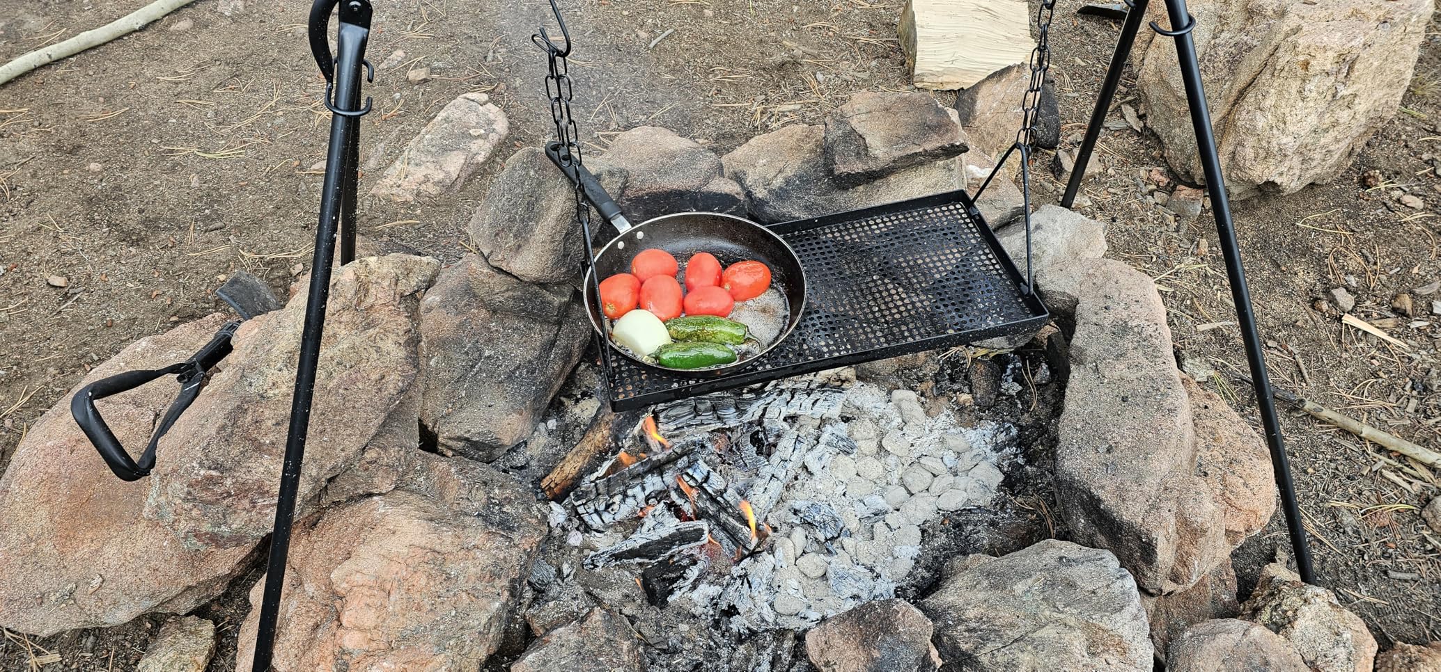 Rossesay Grill Swing Campfire Stand Campfire Cooking Equipment Adjustable Camping Accessories Cookware Hanging Rack with 8 Hooks and Portable Grill Stand for BBQ Picnic Outdoor Party customer photo 1