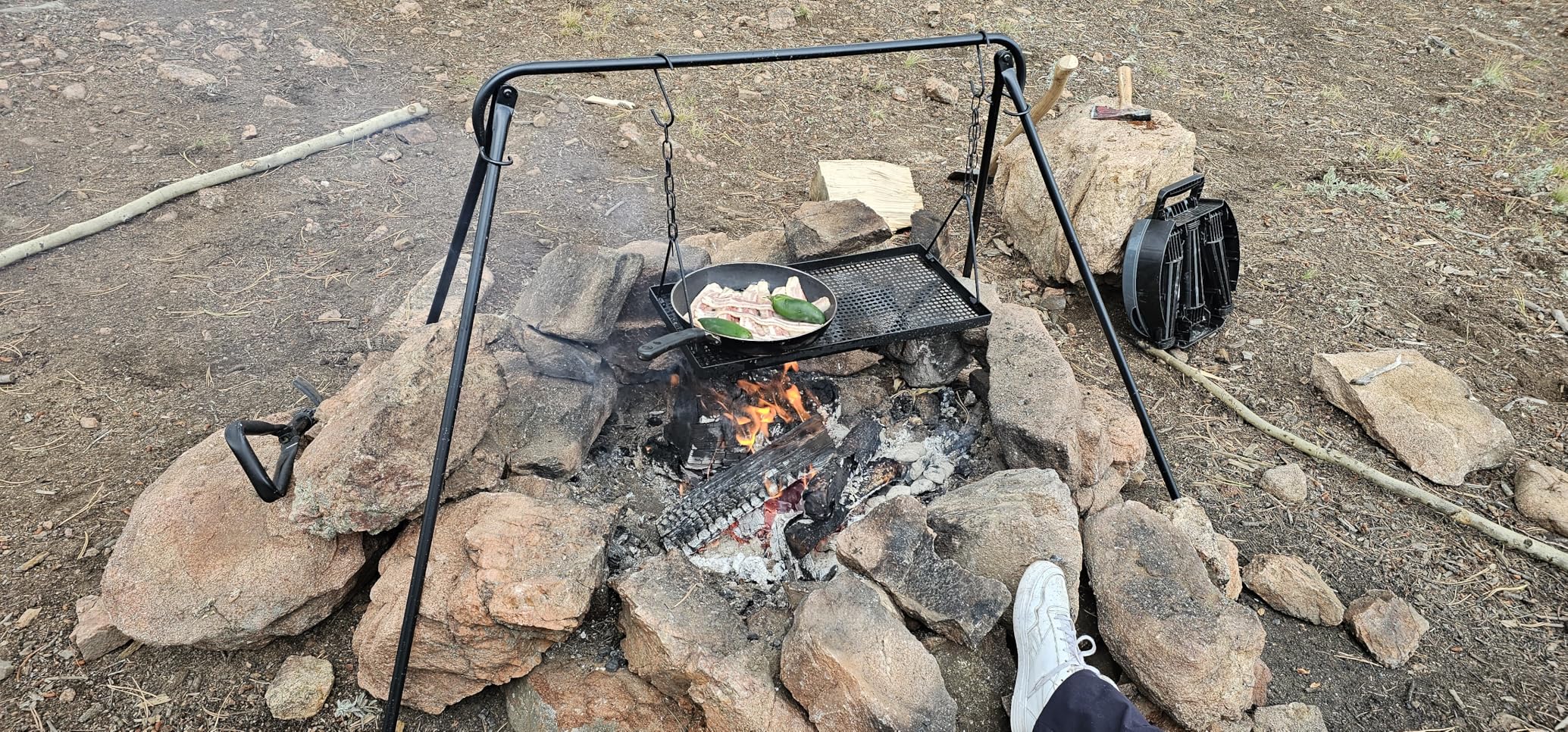 Rossesay Grill Swing Campfire Stand Campfire Cooking Equipment Adjustable Camping Accessories Cookware Hanging Rack with 8 Hooks and Portable Grill Stand for BBQ Picnic Outdoor Party customer photo 2