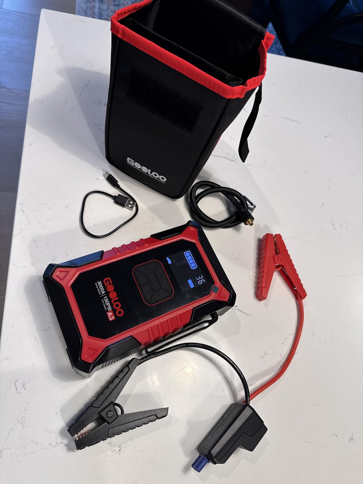 GOOLOO A3 Jump Starter with Air Compressor, 3000A Portable Car Battery Booster (9.0 Gas/6.5L Diesel) with 150PSI Auto-Shutoff Tire Inflator, 12V Supersafe Lithium Jump Box Car Battery Jumper Starter customer photo 2