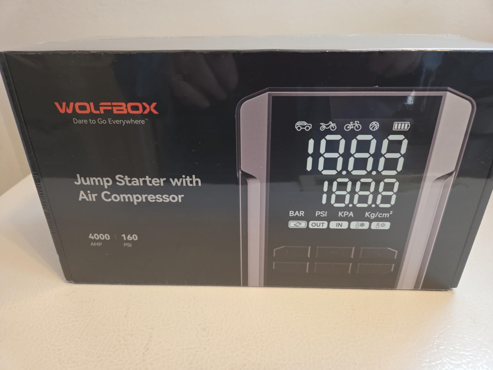 WOLFBOX MV24A 4000A Jump Starter with 160PSI Air Compressor, 12V Car Battery Booster, 88.8Wh Portable Jump Box (10L Gas/10L Diesel) with 65W Fast Charging, Tire Inflator, Jumper Cables, LED Light customer photo 1