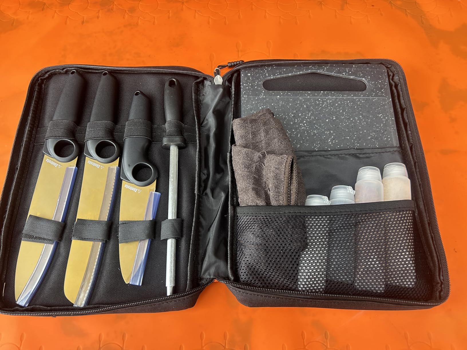 Outdoor Santoku Knife Set - 3 Titanium-Coated Knives with Grip Ring Handles, Sharpener, Cutting Board, Seasoning Bottles & Travel Case - Portable BBQ, RV & Beach Cooking Kit customer photo 1