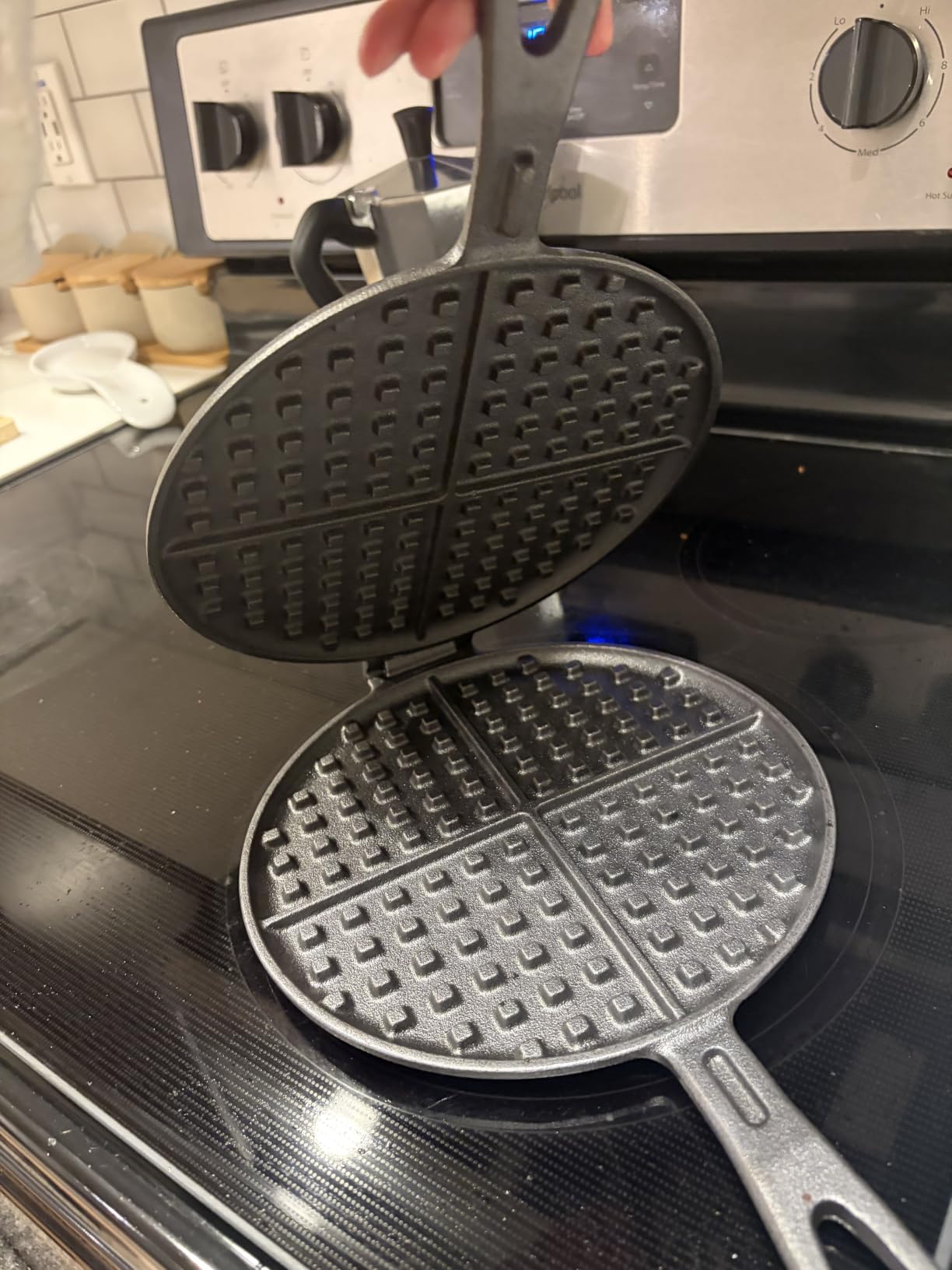 DVK Cast Iron Waffle Cookware Two Piece Hinged Non Electric Waffle Iron for Stovetop or Grill Makes Round Waffles Design Waffle Pan (8 IN) customer photo 1