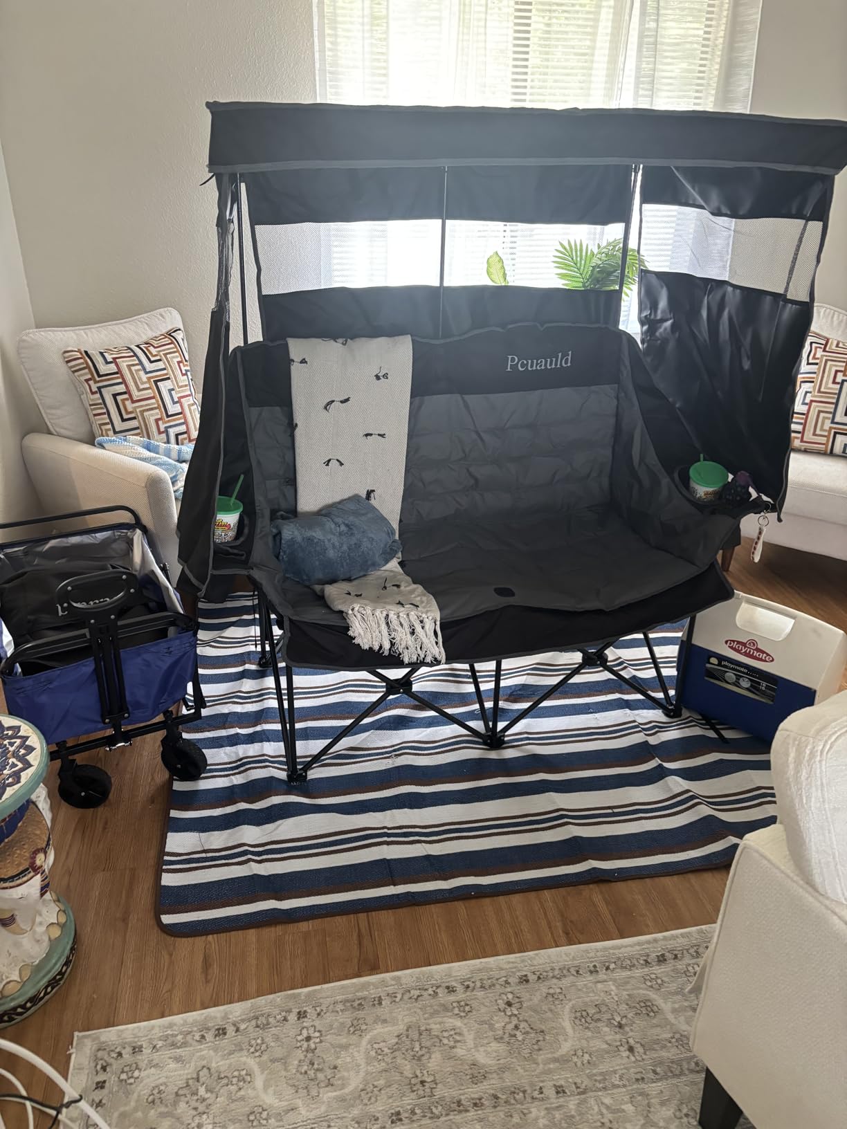Double Camping Chair with Canopy Heavy Duty 2 Person Folding Loveseat Beach Chair with Shade High Back Oversized Outdoor Camping Couch with Cup Holders & Wine Racks for Lawn, Fishing, Sports customer photo 1