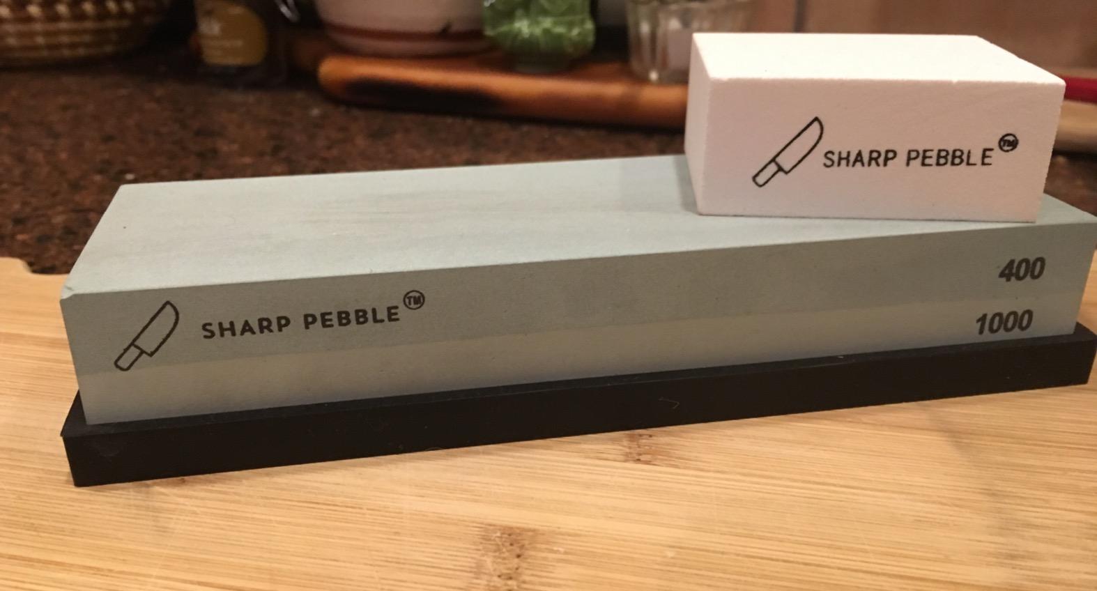 Sharp Pebble Whetstone Knife Sharpening Stone Kit - 2 Sided 400/1000 Grit | Razor Sharp Edges at Home - Wet Stone Kitchen Knife Sharpener with Flattening Stone, NonSlip Rubber Base & Angle Guide customer photo 1