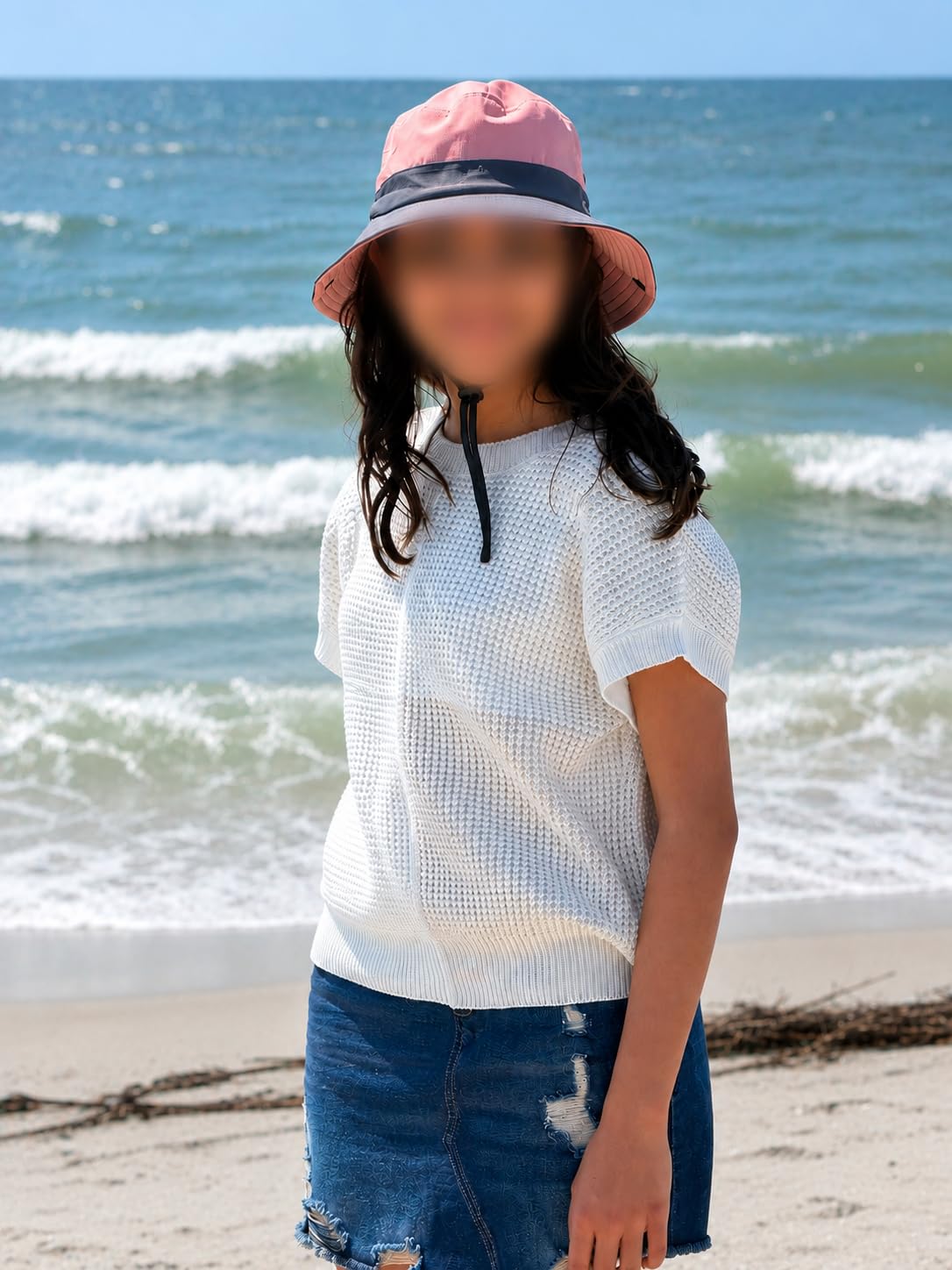 2 Pieces 5-14Y Kids Summer Sun Hat Wide Brim UV Protection for Girls Ponytail Beach Bucket Cap customer photo 1