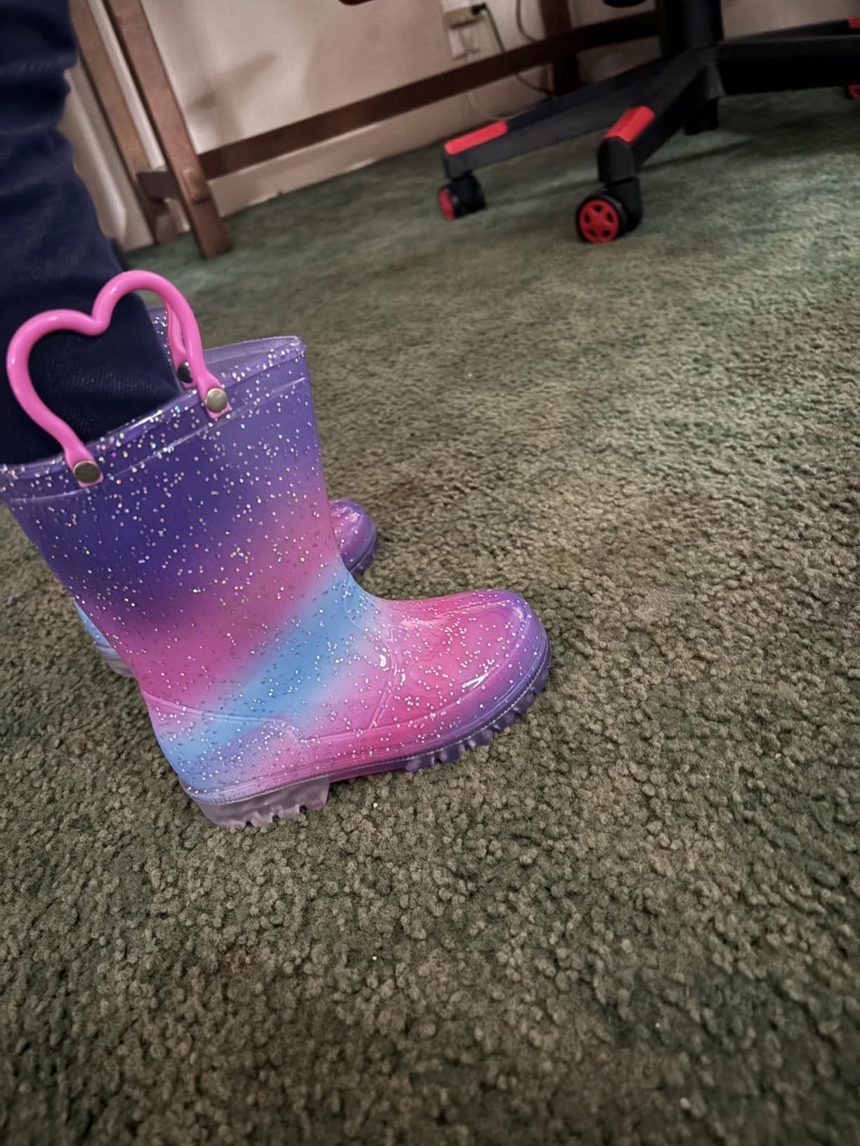 EUXTERPA Toddler Kids Light-Up Rain Boots | Waterproof, Glitter, Cartoon Pattern, Easy-On Handles, LED Flashing Non-Slip Sole, Puddle Play, Outdoor, Children Girls Boys customer photo 1