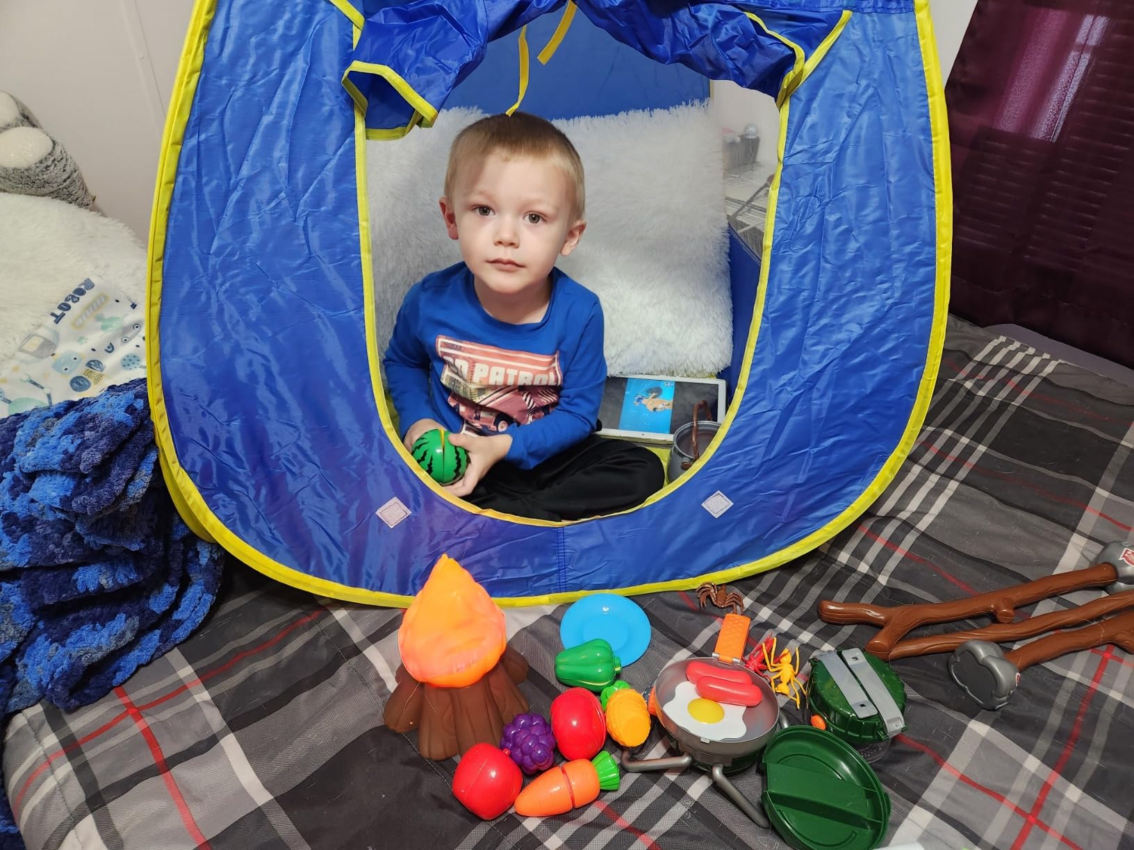Kids Play Tent with Campfire, Toddlers Camping Set, Oil Lantern with Sound, Cut Up Fruits, Marshmallow, Skewers, Pretend Camping Toys for 3 4 5 6+ Year Old Boys and Girls customer photo 2