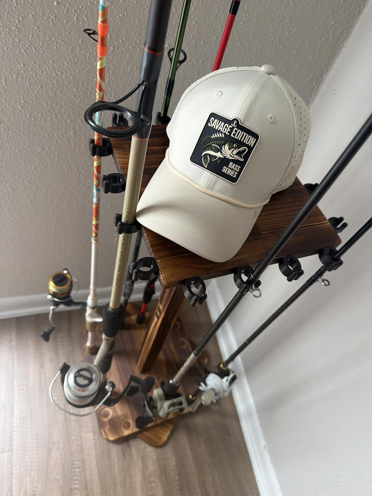 Rotating Fishing Rod Holder for Garage, Wood Floor Pole Rack Black, 360° Rotation, Holds 16 Rods customer photo 1