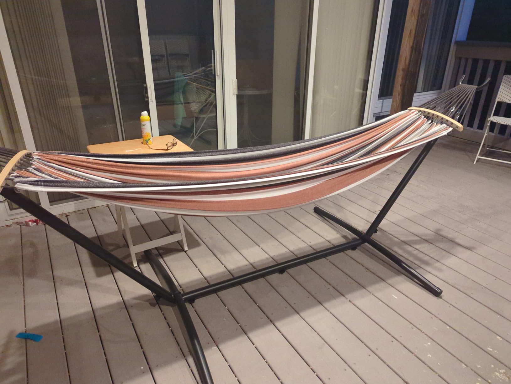 SZHLUX Double Hammock with Stand Included 450lb Capacity Steel Stand, Premium Carry Bag Included and Two Anti Roll Balance Beam, Portable Hammock with Stand for Backyard, Camping,Garden Brown Stripes customer photo 1