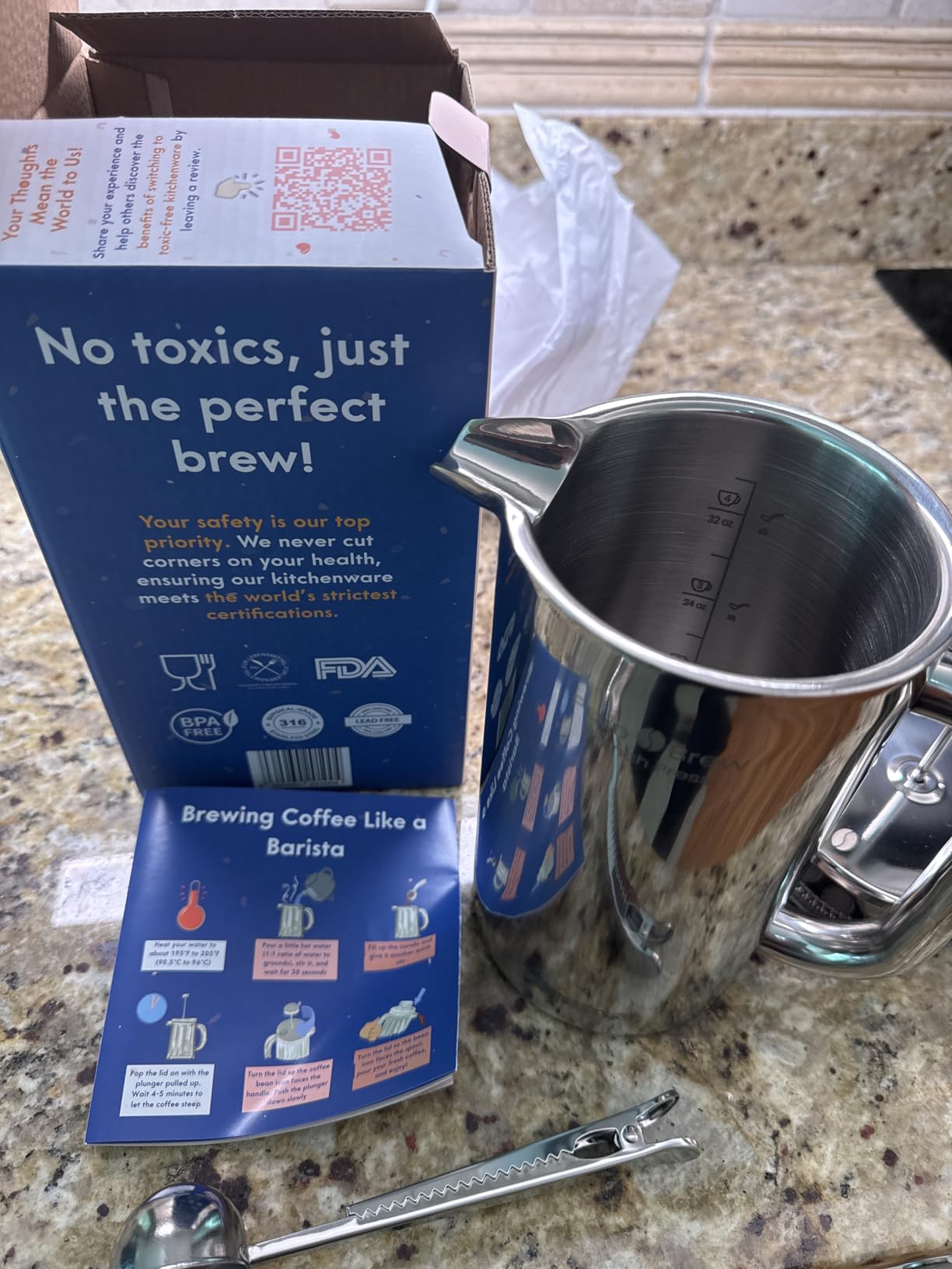 Non-Toxic Stainless Steel French Press, No Plastic or Heavy Metals, 34 oz | Surgical-grade steel. 4-layer filter. Double-wall insulated, stays hot for longer. Measure marks. Dishwasher safe. Portable. customer photo 1