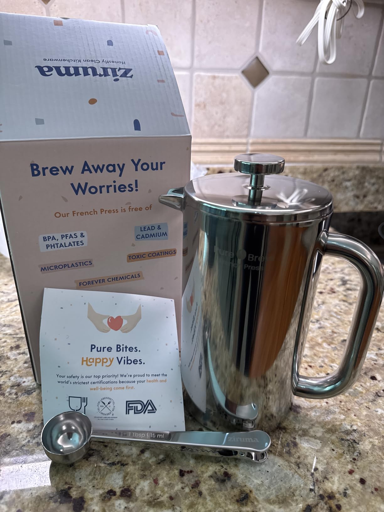 Non-Toxic Stainless Steel French Press, No Plastic or Heavy Metals, 34 oz | Surgical-grade steel. 4-layer filter. Double-wall insulated, stays hot for longer. Measure marks. Dishwasher safe. Portable. customer photo 2