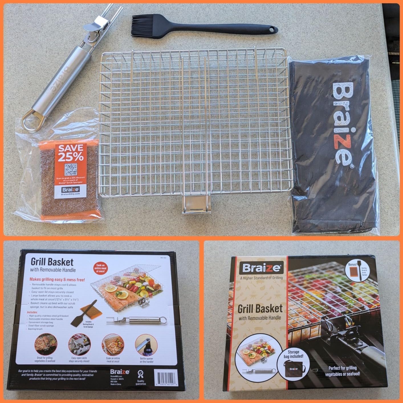 Stainless Steel Large Grill Basket with Removable Handle - 12.25 x 9.5 x 1.5 Inch BBQ Vegetable Basket with Easy Open Lid, Silicone Basting Brush & Scrub Sponge - Outdoor Cooking & Camping Accessory customer photo 1