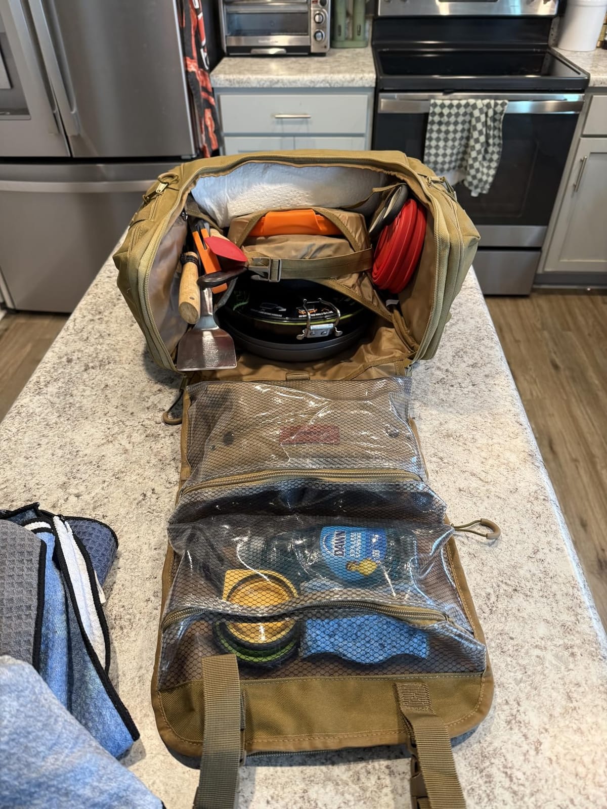 HODRANT Large Tactical Camping Kitchen Organizer for BBQ Cooking Essentials | Hanging Cookware Storage Bag with Paper Towel Holder & Multi Pockets, Portable Camp Utensil Organizer, Khaki, Bag Only customer photo 1