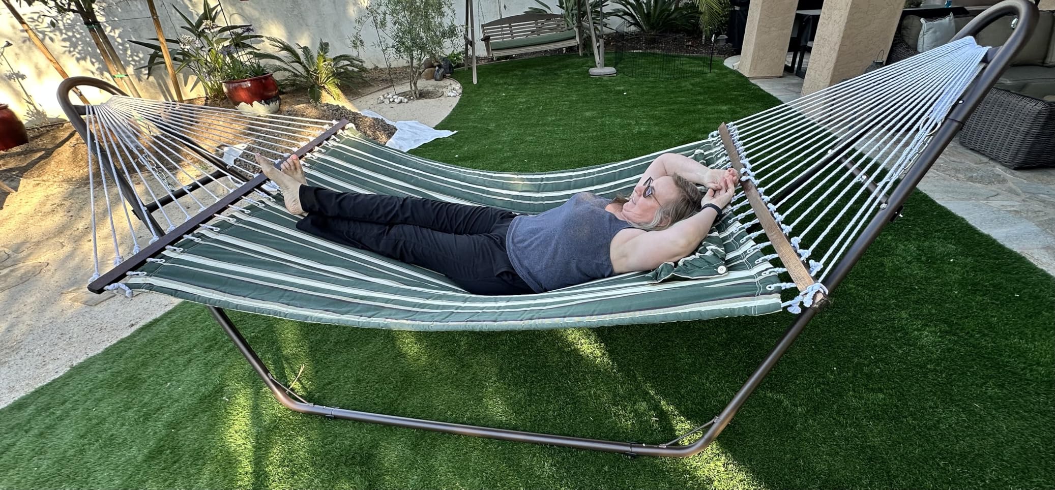 gafete Universal 2 Person Hammock Stand Only, 600 lbs Capacity, Fits 9 to 14ft Hammocks, Adjustable Double Heavy Duty Powder-Coated Steel Stand for Outside, Multi-Use (Black) customer photo 1
