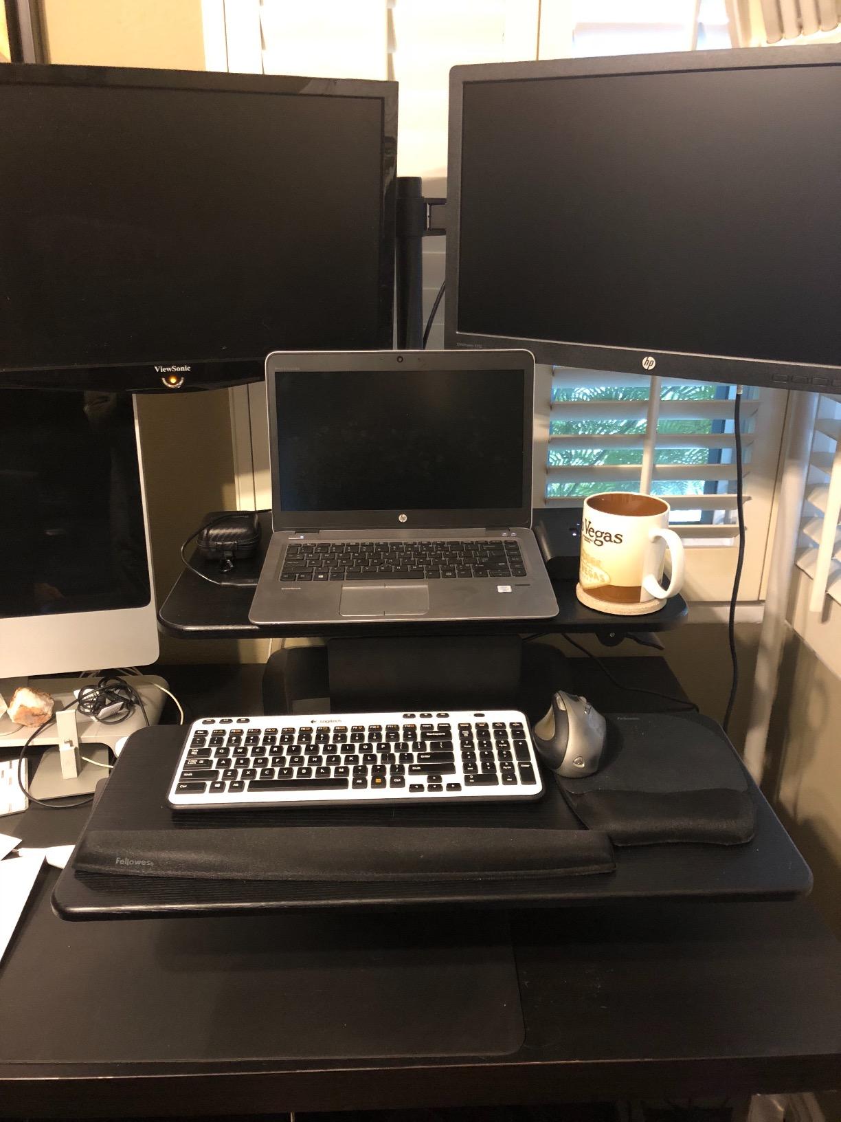 Mount-It! Standing Desk Converter, Stand Up Desk Riser with Dual Monitor Mount, Adjustable Workstation in Black, Top Platform 23