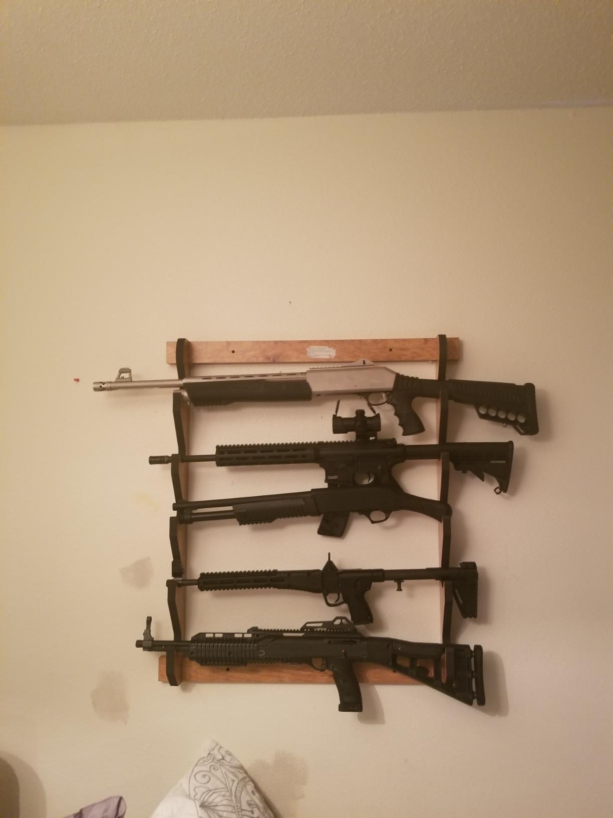 Rush Creek Creations Indoor Wood Wall Gun Rack for up to 5 Rifles or Shotguns, 5-Gun Wall-Mount Long Gun Display Rack with EVA Padded Grooves and Mounting Hardware, American Cherry customer photo 2