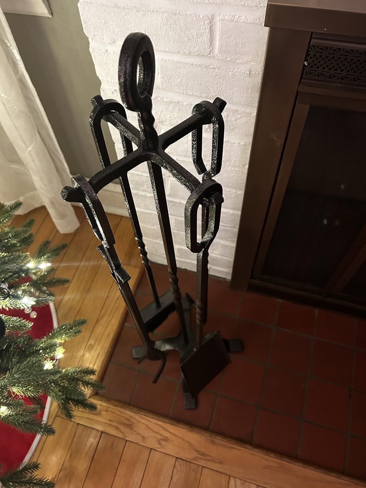 AMAGABELI GARDEN & HOME 5 Pieces Fireplace Tools Set Indoor Wrought Iron Fire Place Pit Large Poker Wood Stove Log Firewood Tongs Holder with Handles Modern Black Outdoor Accessories Kit customer photo 1