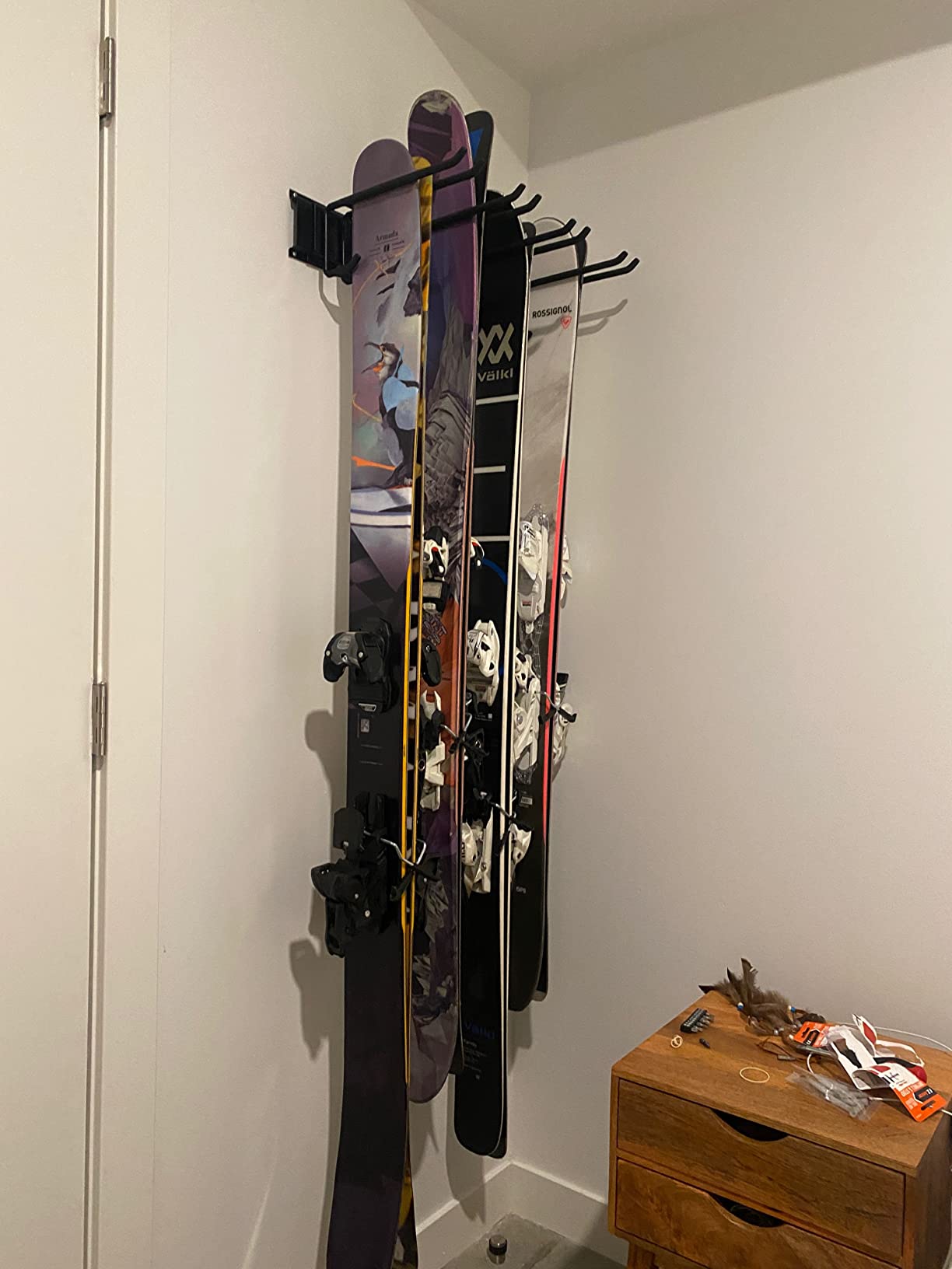 RaxGo Ski Wall Rack, Holds 4 Pairs of Skis & Skiing Poles or Snowboard for Home and Garage Storage, Wall Mounted, Heavy Duty and Adjustable Rubber-Coated Hooks customer photo 1