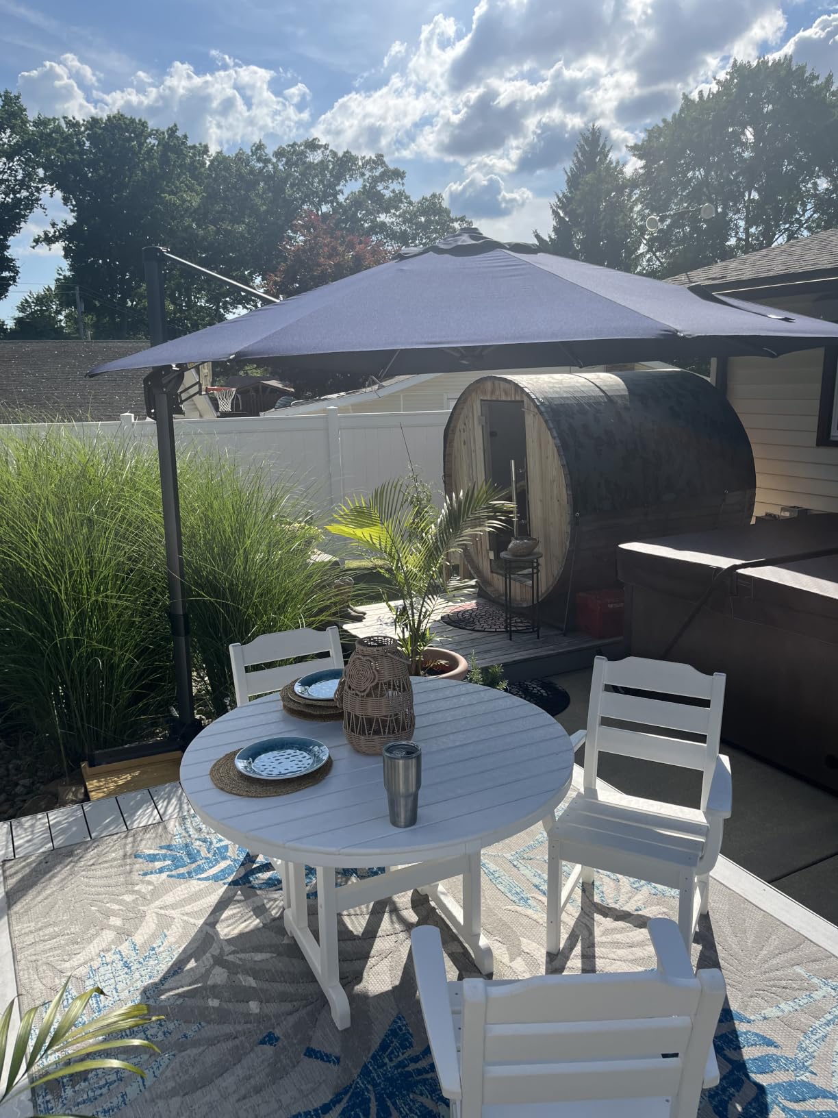 PURPLE LEAF Cantilever Umbrella 9' x 11.5' Rectangle 360° Rotation Beige customer photo 2
