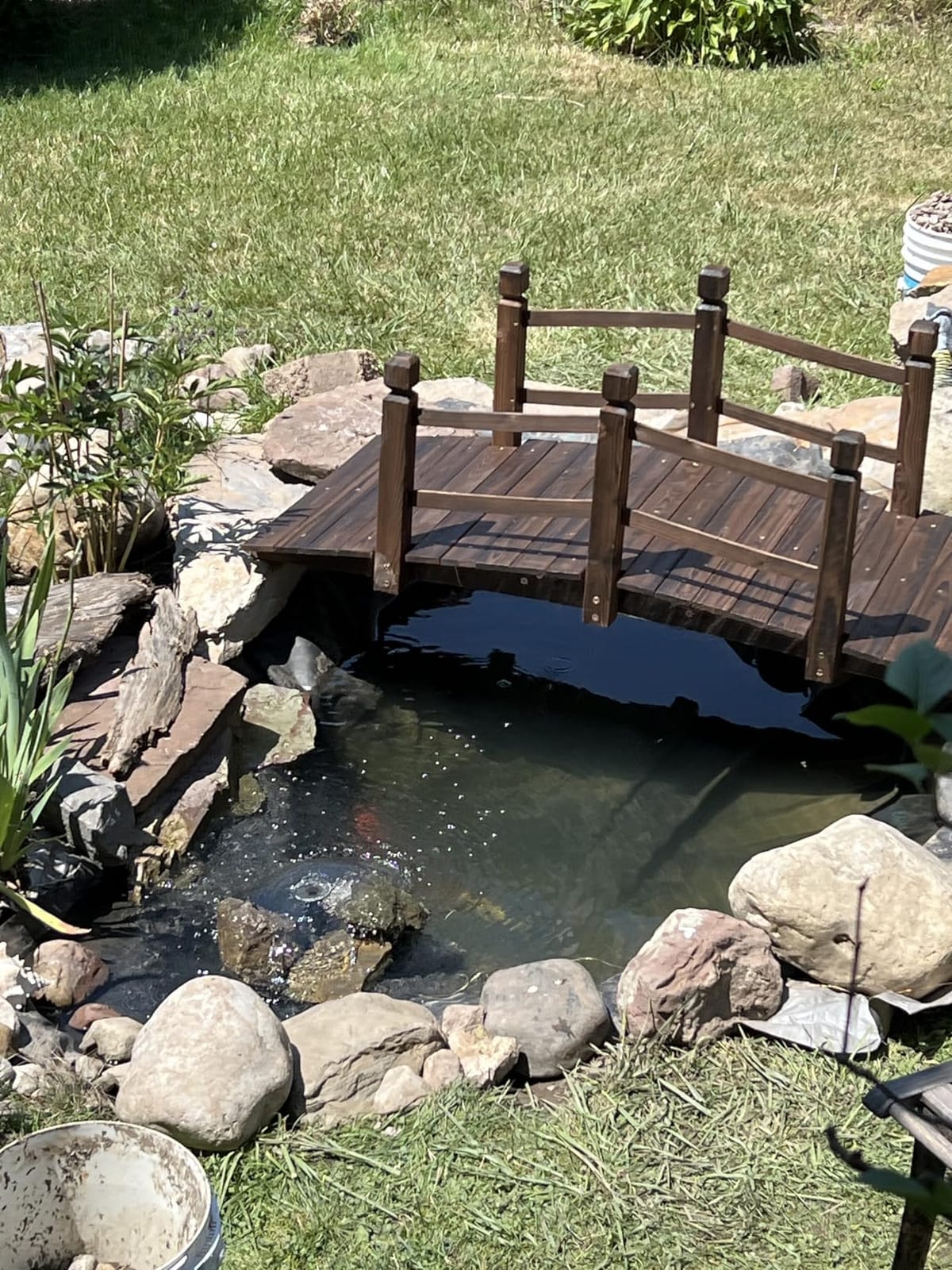 5FT Wooden Garden Bridge Arch Stained Finish Footbridge Decorative Backyard Bridge with Double Safety Railings Outdoor Lawn Pond Bridge Walkway for Garden Yard Patio Courtyard Farm Stream Creek customer photo 1