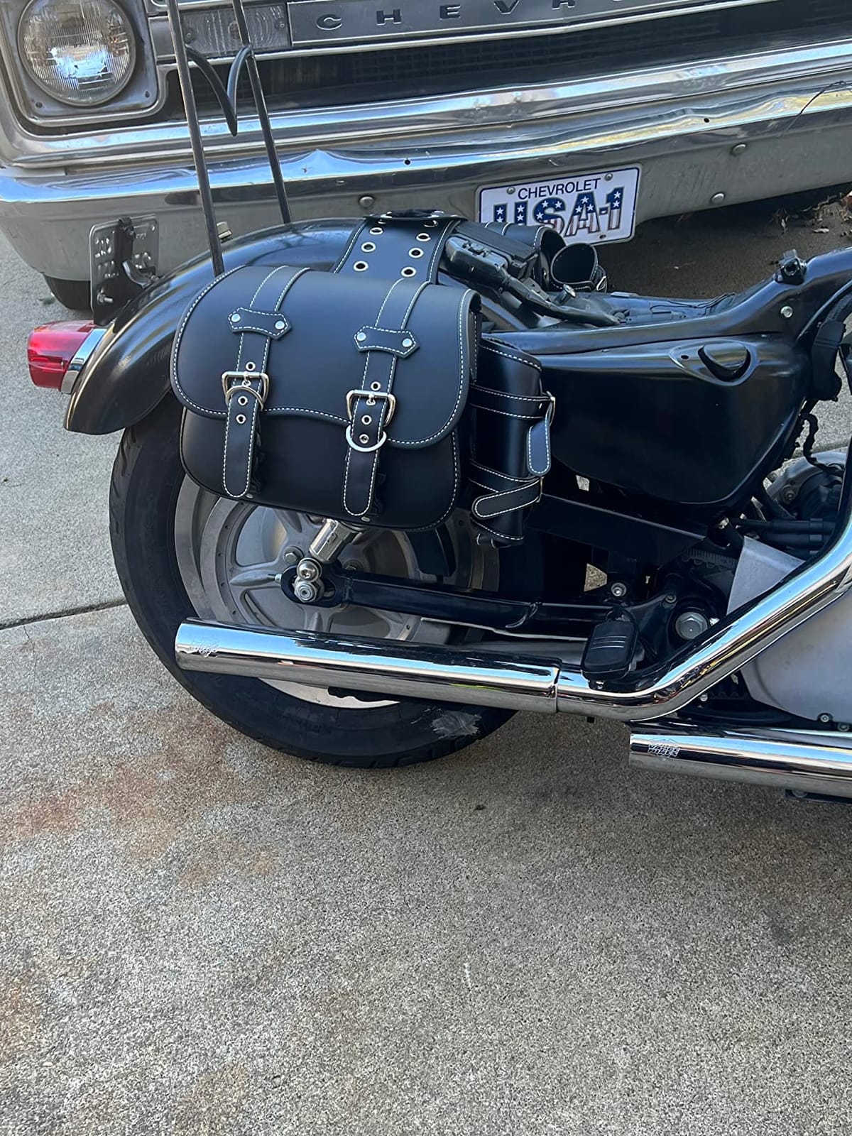 High-density Leather Motorcycle Saddlebags-Throw Over Saddle bags Panniers Side Bags with cup holder,Waterproof,Side Tool Bag,Storage Tool Bag for Motorbike,Universal,1Pair, M (Black2) customer photo 1