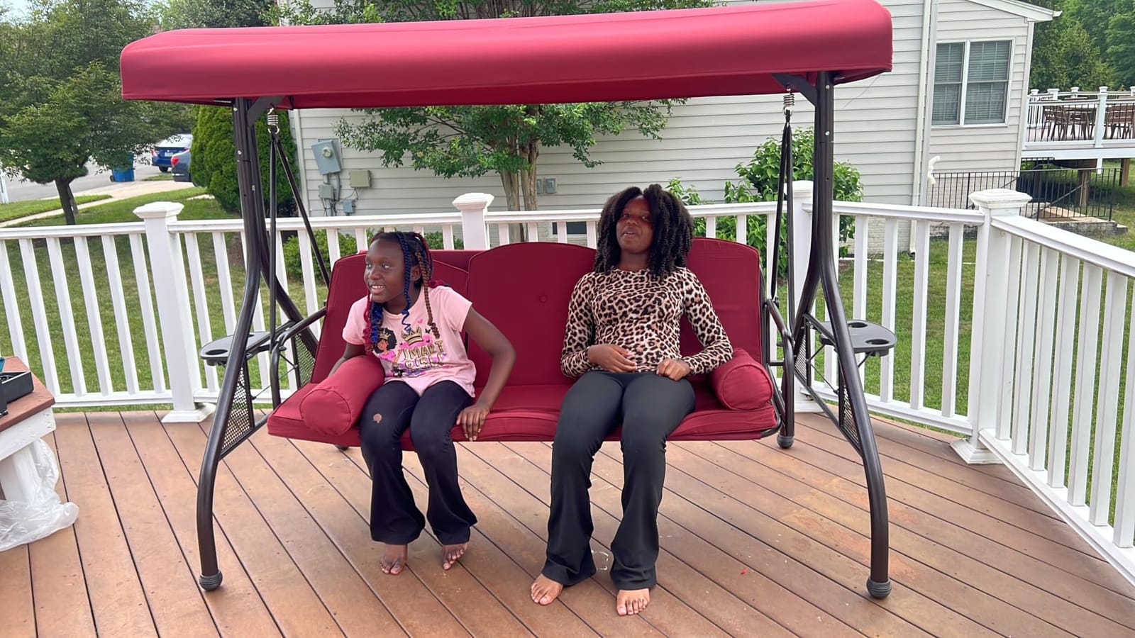 HOMREST 3 Seat Porch Swing with Adjustable Canopy, Patio Swing with Stand customer photo 2