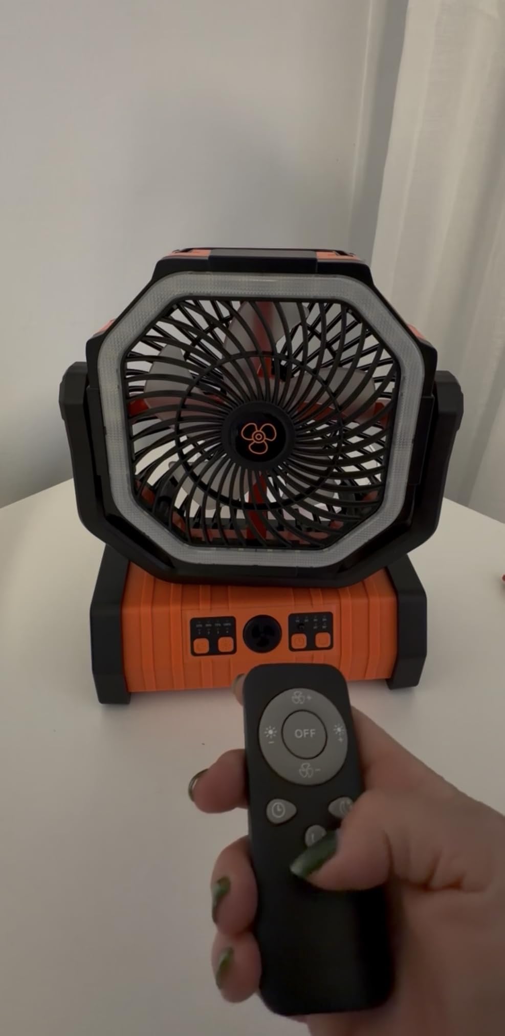 Camping Fan - 20000mAh Battery Powered Fan Rechargeable with LED Lantern - Portable Outdoor Tent Fans with Hanging Hook 4 Speeds Wind Remote Control, Black and Orange customer photo 1