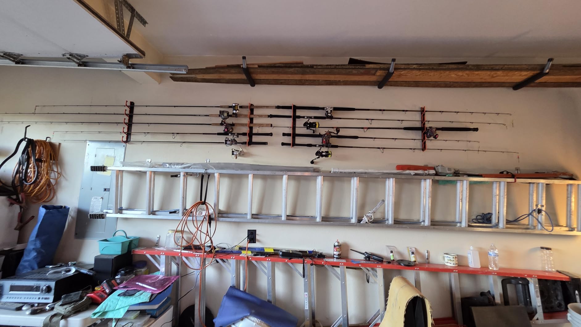 Gocozer Fishing Rod Holder for Garage, H5 Wall or Ceiling Mounted Fishing Pole Holders with Soft Protective Pad, Fishing Rod Storage Organizer, Horizontal Fishing Rod Wall Mount Nets Storage (4 PACK) customer photo 2