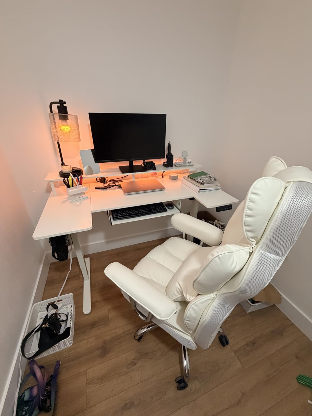 OffiGo 55 Inch U Shaped Electric Standing Desk with Keyboard Tray, White customer photo 2