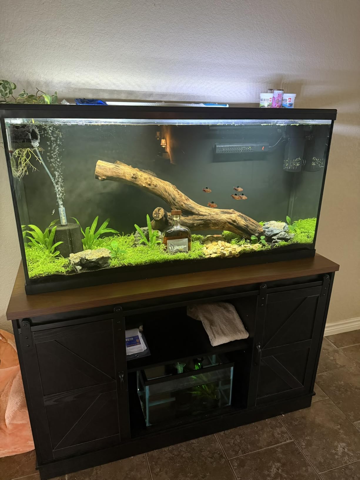 Hlivelood Farmhouse 55-75 Gallon Fish Tank Stand with Power Outlet, Aquarium Stand w/Cabinet&Sliding Barn Door, Heavy Duty Reptile Tank Stand for Fish/Turtle/Reptile Terrarium, 1000LB Capacity, Grey customer photo 1