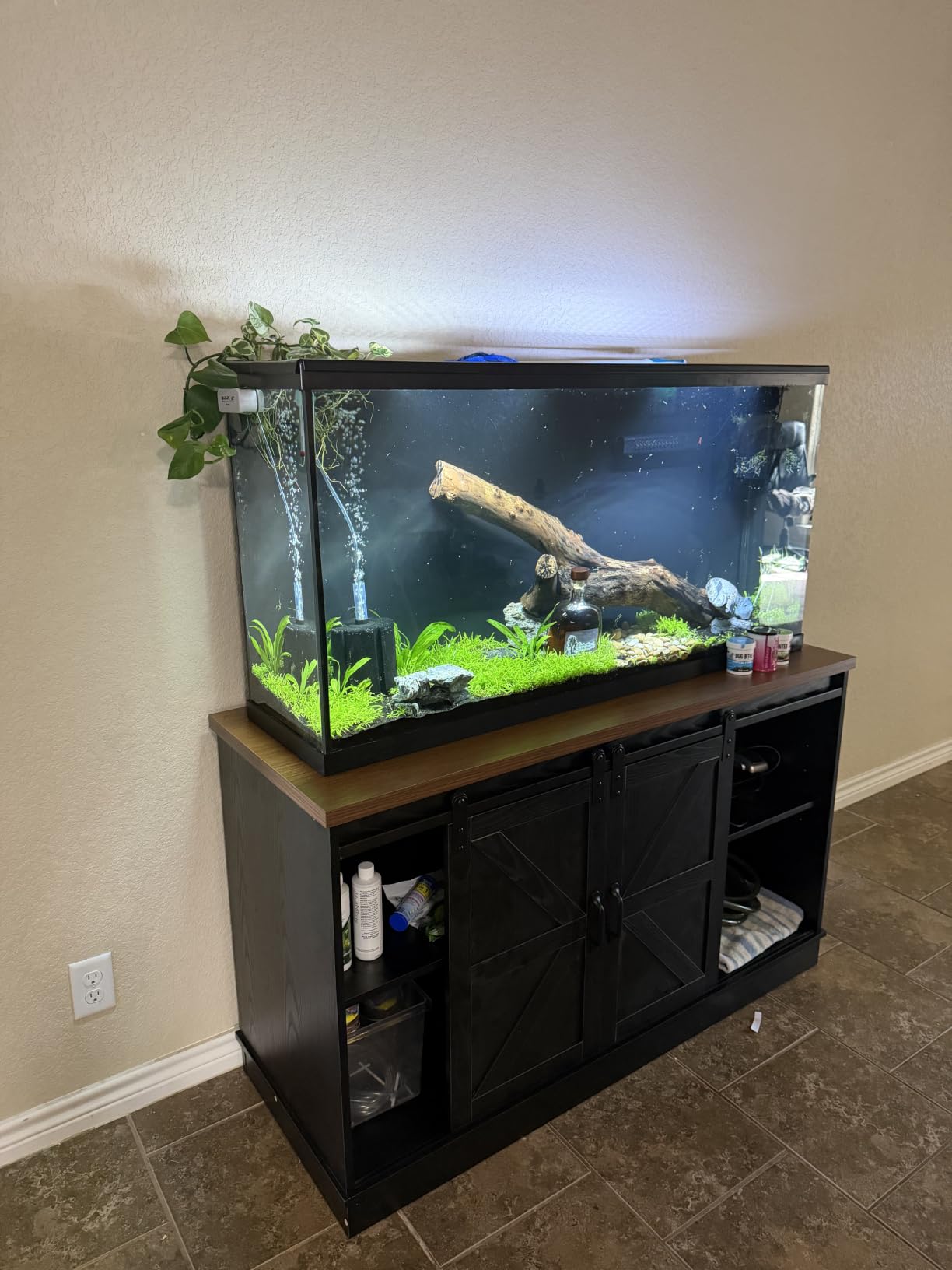 Hlivelood Farmhouse 55-75 Gallon Fish Tank Stand with Power Outlet, Aquarium Stand w/Cabinet&Sliding Barn Door, Heavy Duty Reptile Tank Stand for Fish/Turtle/Reptile Terrarium, 1000LB Capacity, White customer photo 1