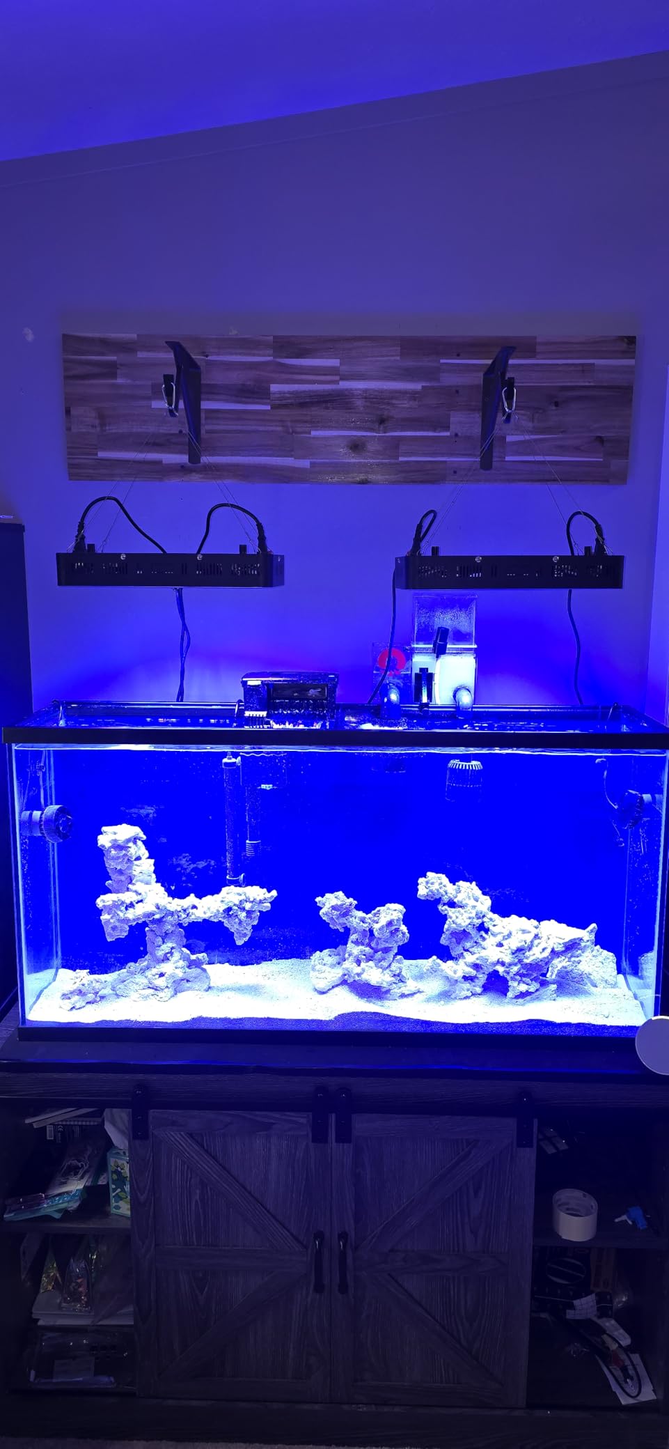 Hlivelood Farmhouse 55-75 Gallon Fish Tank Stand with Power Outlet, Aquarium Stand w/Cabinet&Sliding Barn Door, Heavy Duty Reptile Tank Stand for Fish/Turtle/Reptile Terrarium, 1000LB Capacity, White customer photo 2