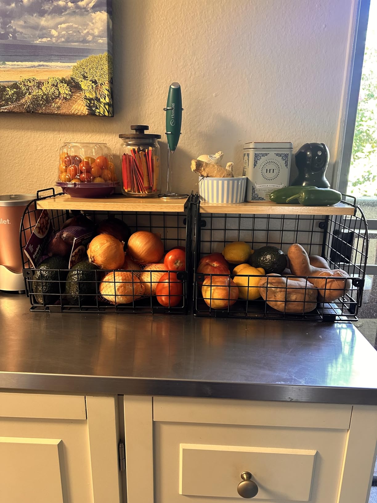 2 Set Stackable Wire Basket with Openable Top, Kitchen Counter, Pantry Organizer and Storage Produce Onion Potato Fruits Vegs Bread Food Snack Spice Organizing Bin for Cabinet Shelf Countertop Floor customer photo 2
