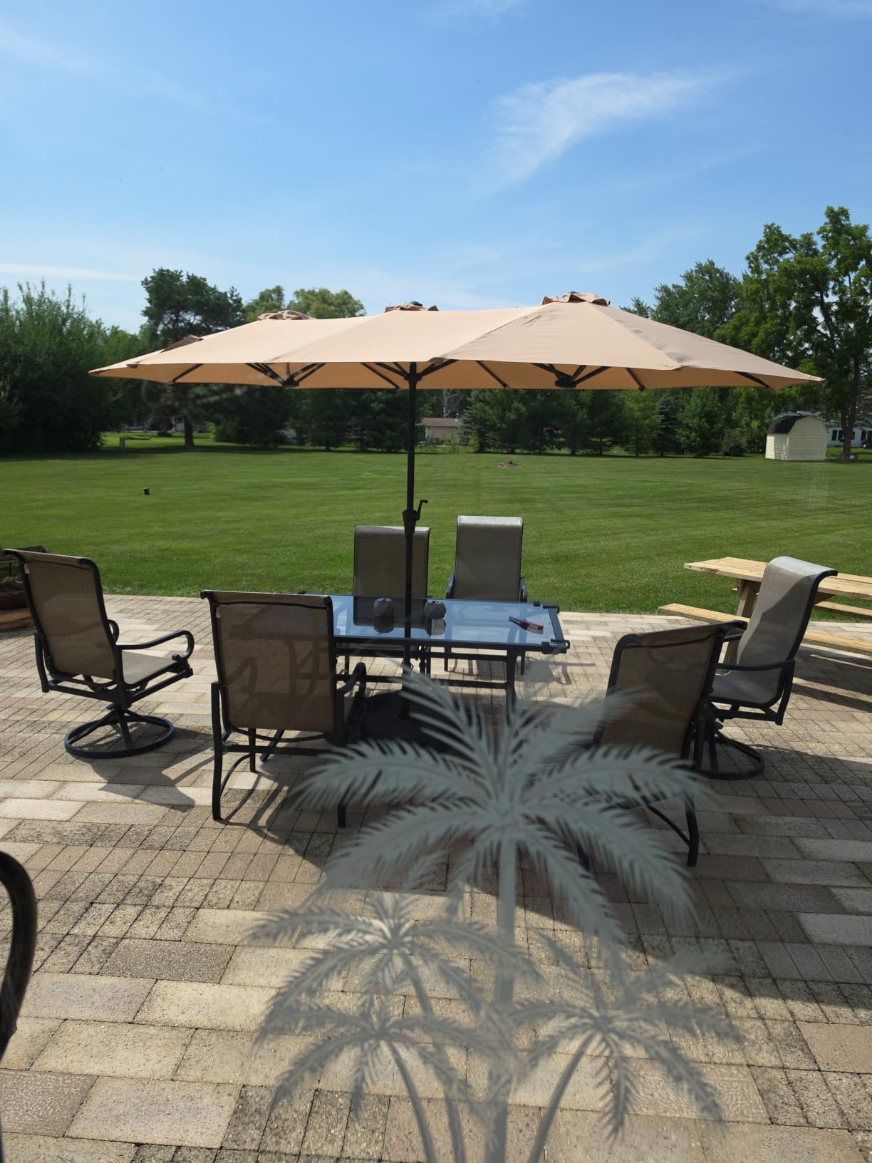 SUPERJARE 15FT Outdoor Patio Umbrella with Base Included, Double Sided Pool Umbrellas with Fade Resistant Canopy, Extra-Large Table Umbrella for Deck, Market, Backyard, Beige customer photo 1