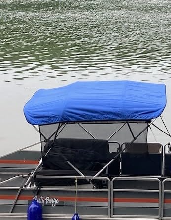 KEMIMOTO Bimini Top Replacement for Pontoon Boats with Detachable Mesh Sidewalls and Zippered Sleeves 600D Marine Grade Waterproof Canvas Easy Install No Frame (Blue, 97