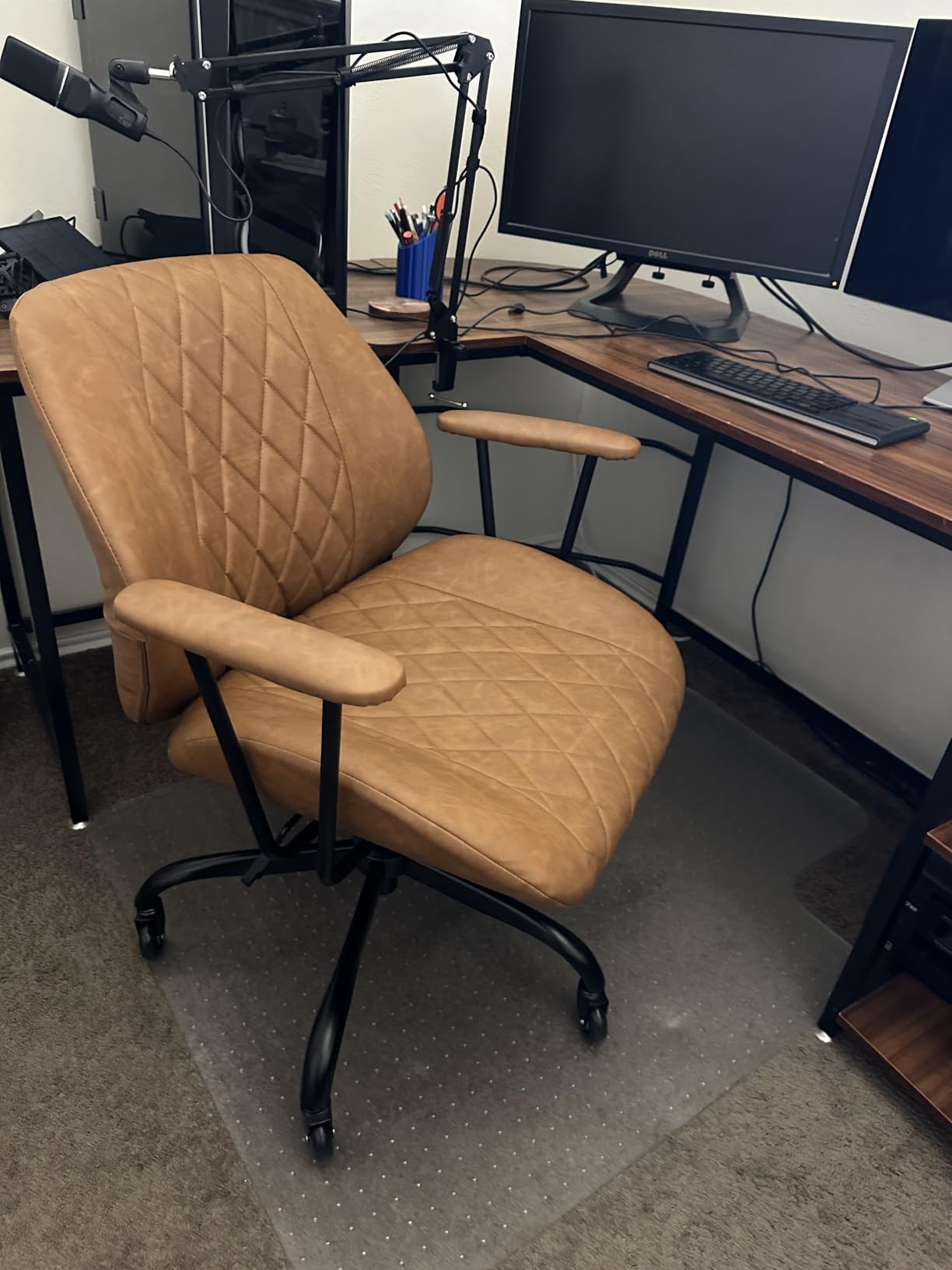 VECELO Ergonomic Office Chair with Removable Armrests, PU Leather Desk Chair with Rubber Casters, Tilt Function, Adjustable Height, Swivel Rolling Computer Chair, for Home, Office, Task Work, Brown customer photo 2