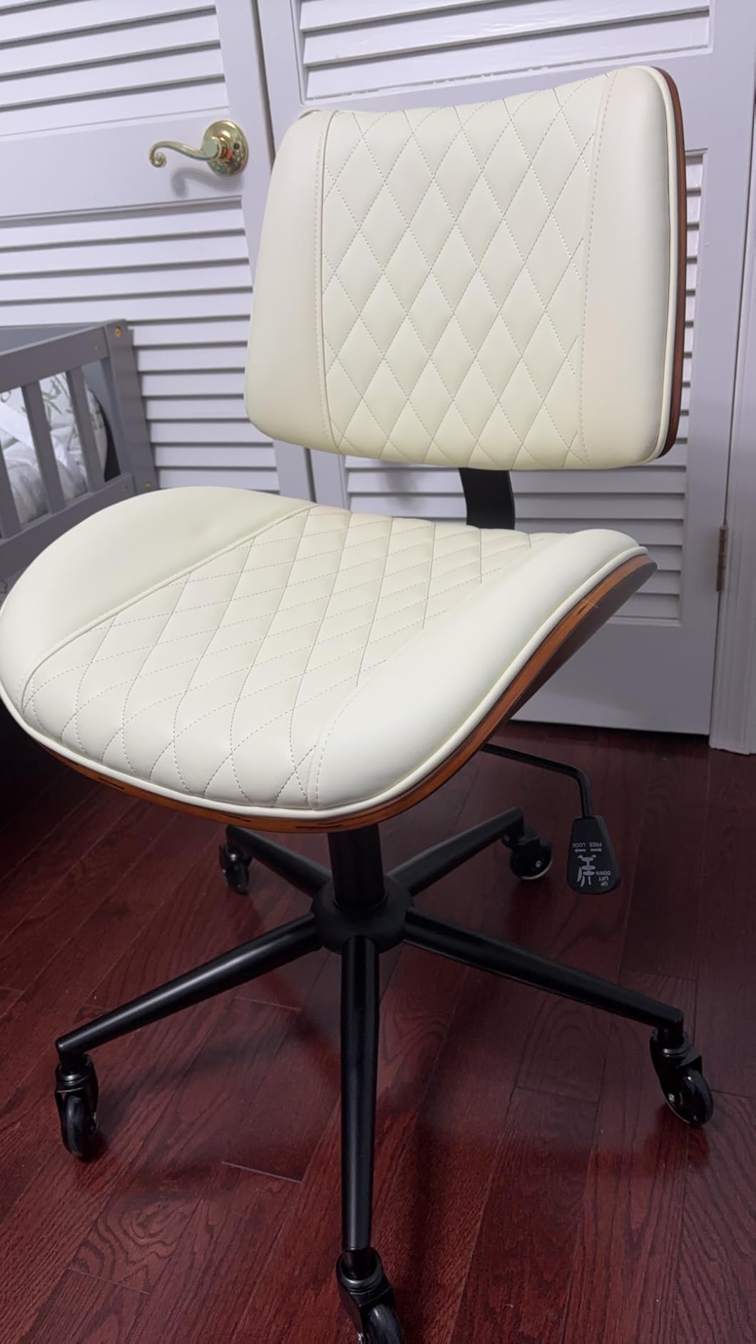 Armless Office Chair with Silent Rubber Wheels, Mid Century Modern Walnut Style Desk Chair, No Arms Leather Computer Chair for Home Office, Seat-Rocking, Adjustable Height (Beige) customer photo 2