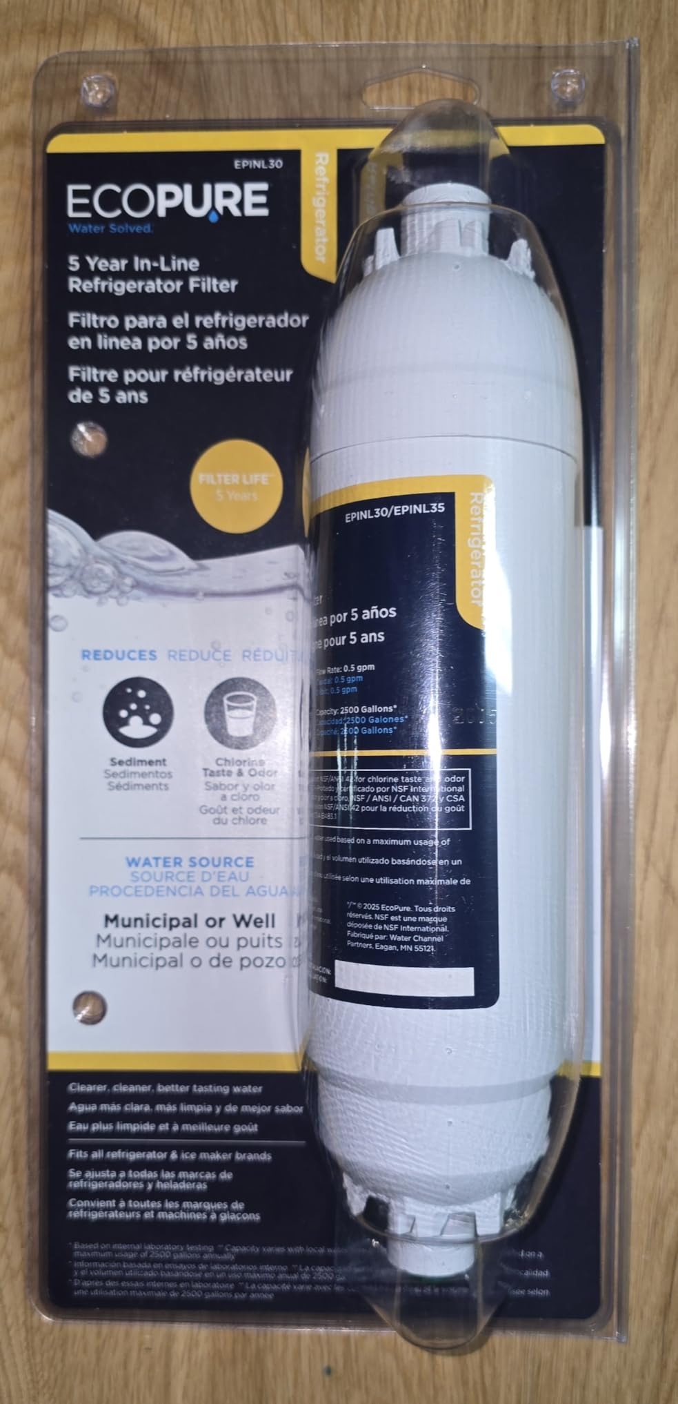 EcoPure EPINL30 5-Year In-Line Refrigerator Water Filter – Universal Fit for Most Fridges, Ice Makers, RVs & Boats – Reduces Chlorine Taste & Odor – Easy DIY Install with 1/4